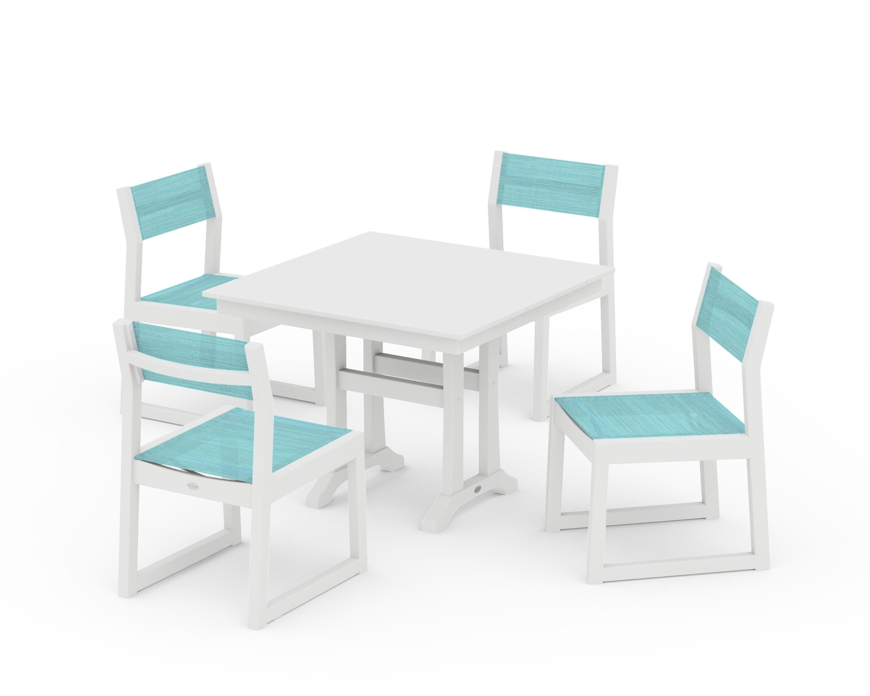 POLYWOOD EDGE Sling 5-Piece Farmhouse Trestle Side Chair Dining Set in White / Dupioni Aquamarine Sling