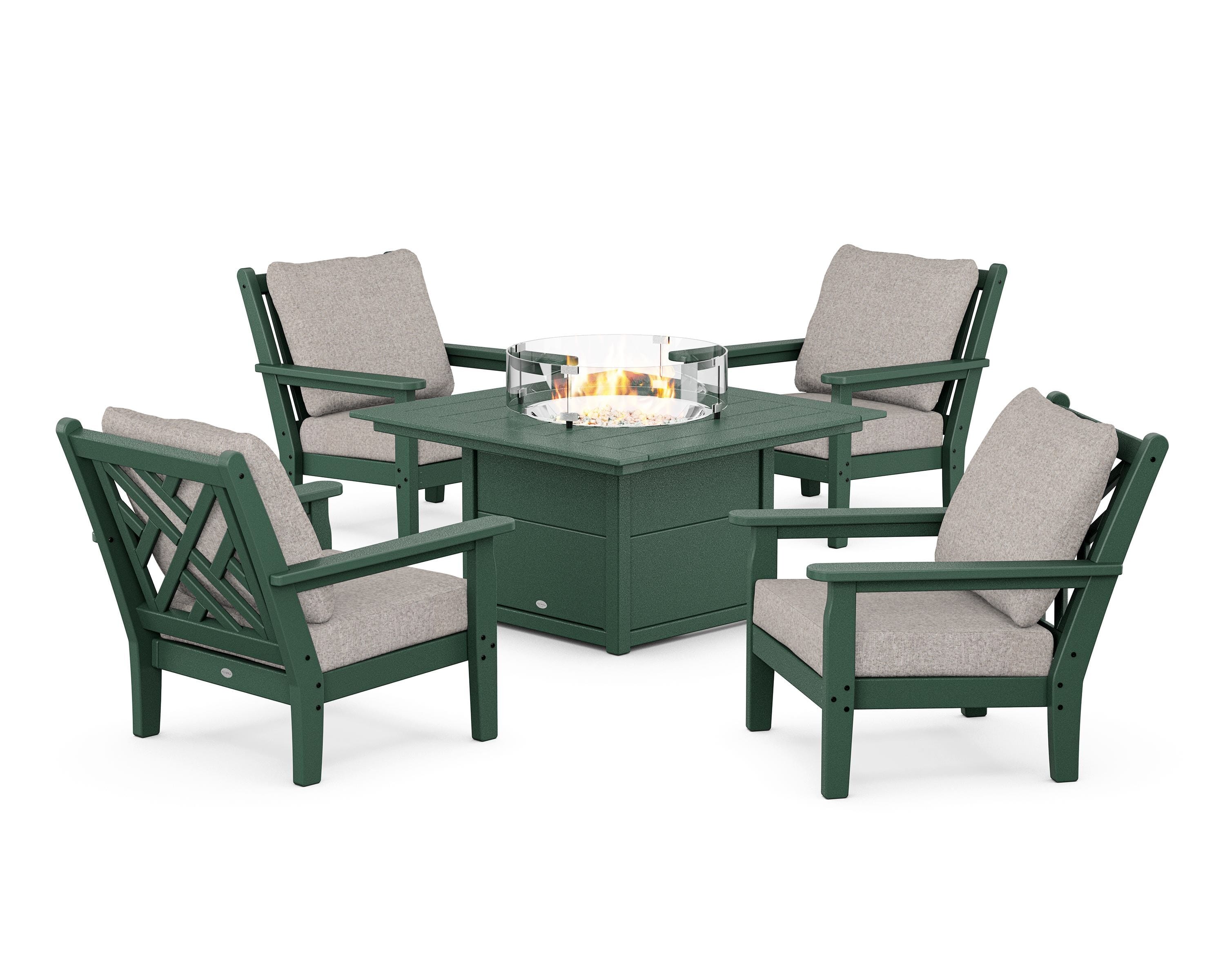 POLYWOOD Chippendale 5-Piece Deep Seating Set with Fire Pit Table in Green / Weathered Tweed
