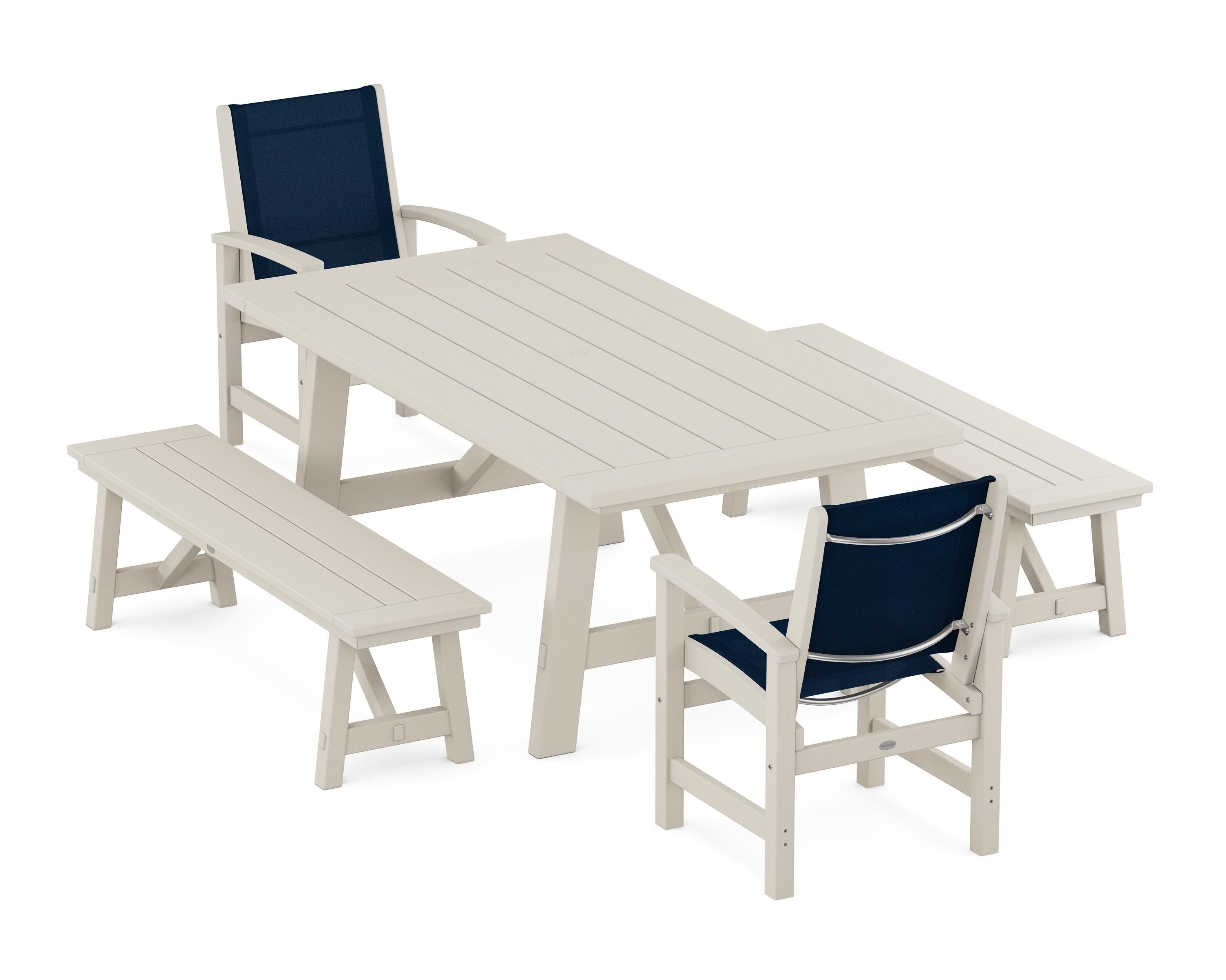 POLYWOOD Coastal 5-Piece Rustic Farmhouse Dining Set With Benches in Sand / Navy Blue Sling