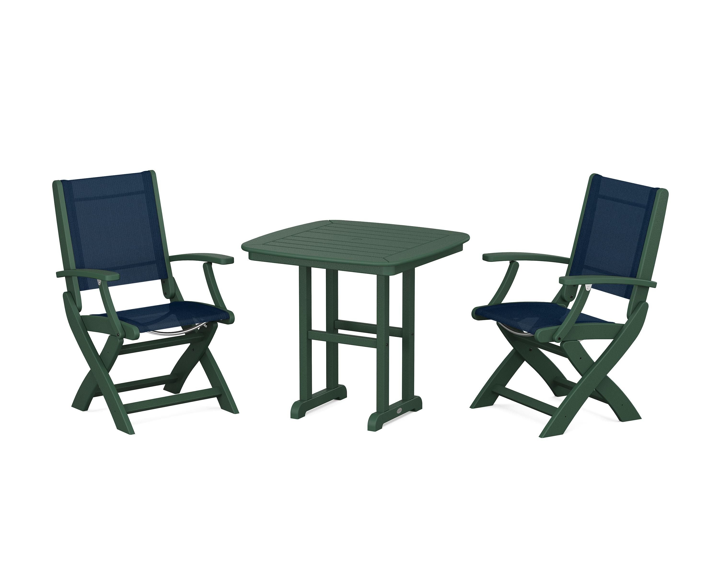 POLYWOOD Coastal Folding Chair 3-Piece Dining Set in Green / Navy Blue Sling