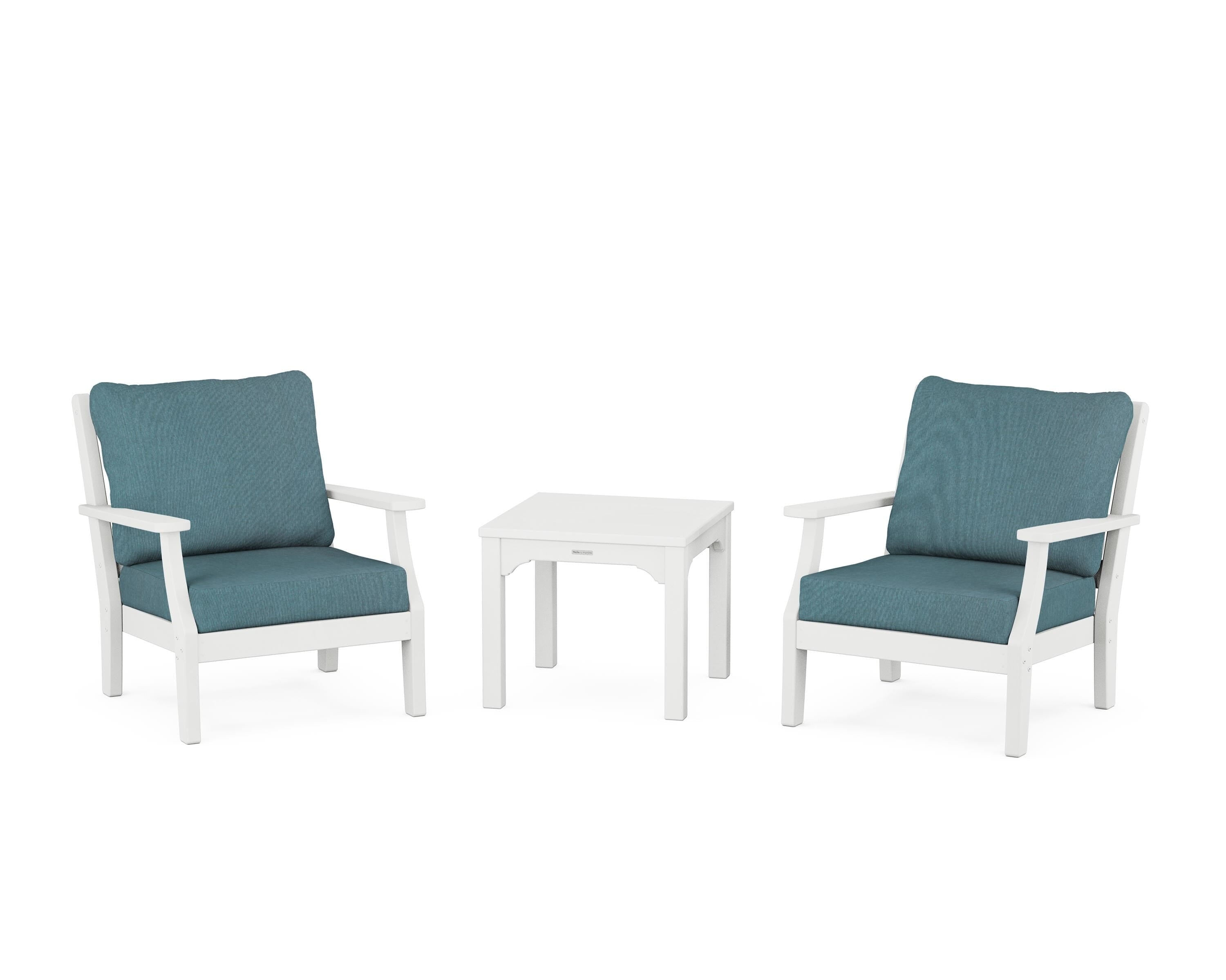 Martha Stewart by POLYWOOD Chinoiserie 3-Piece Deep Seating Set in White / Ocean Teal