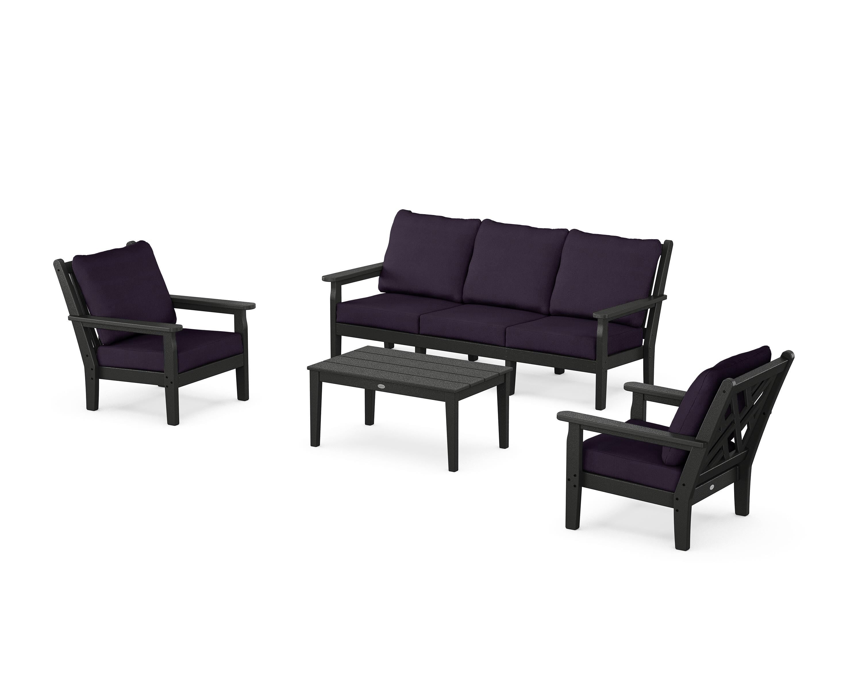 POLYWOOD Chippendale 4-Piece Deep Seating Set with Sofa in Black / Navy Linen