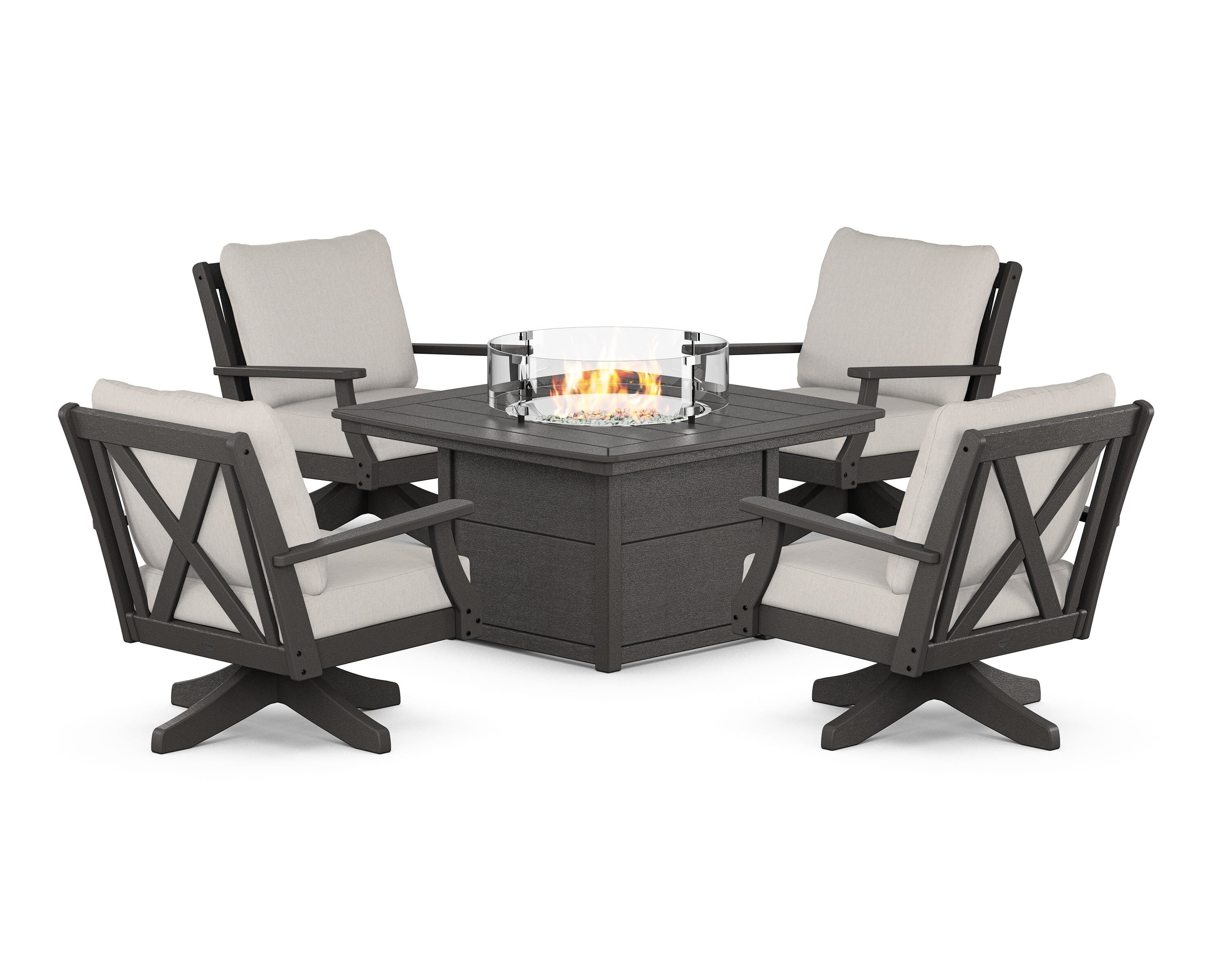 POLYWOOD Braxton 5-Piece Deep Seating Swivel Conversation Set with Fire Pit Table in Vintage Coffee / Cast Ash