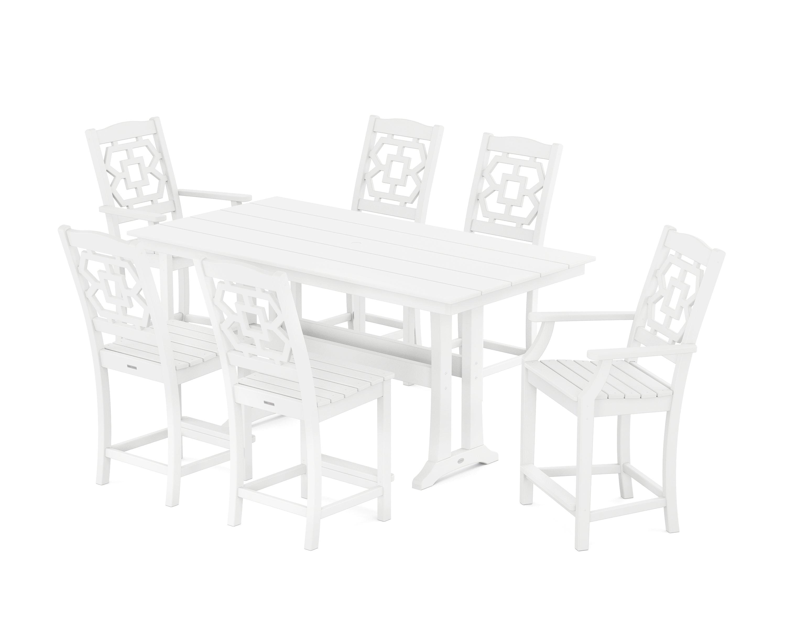 Martha Stewart by POLYWOOD® Chinoiserie 7-Piece Farmhouse Counter Set with Trestle Legs in White