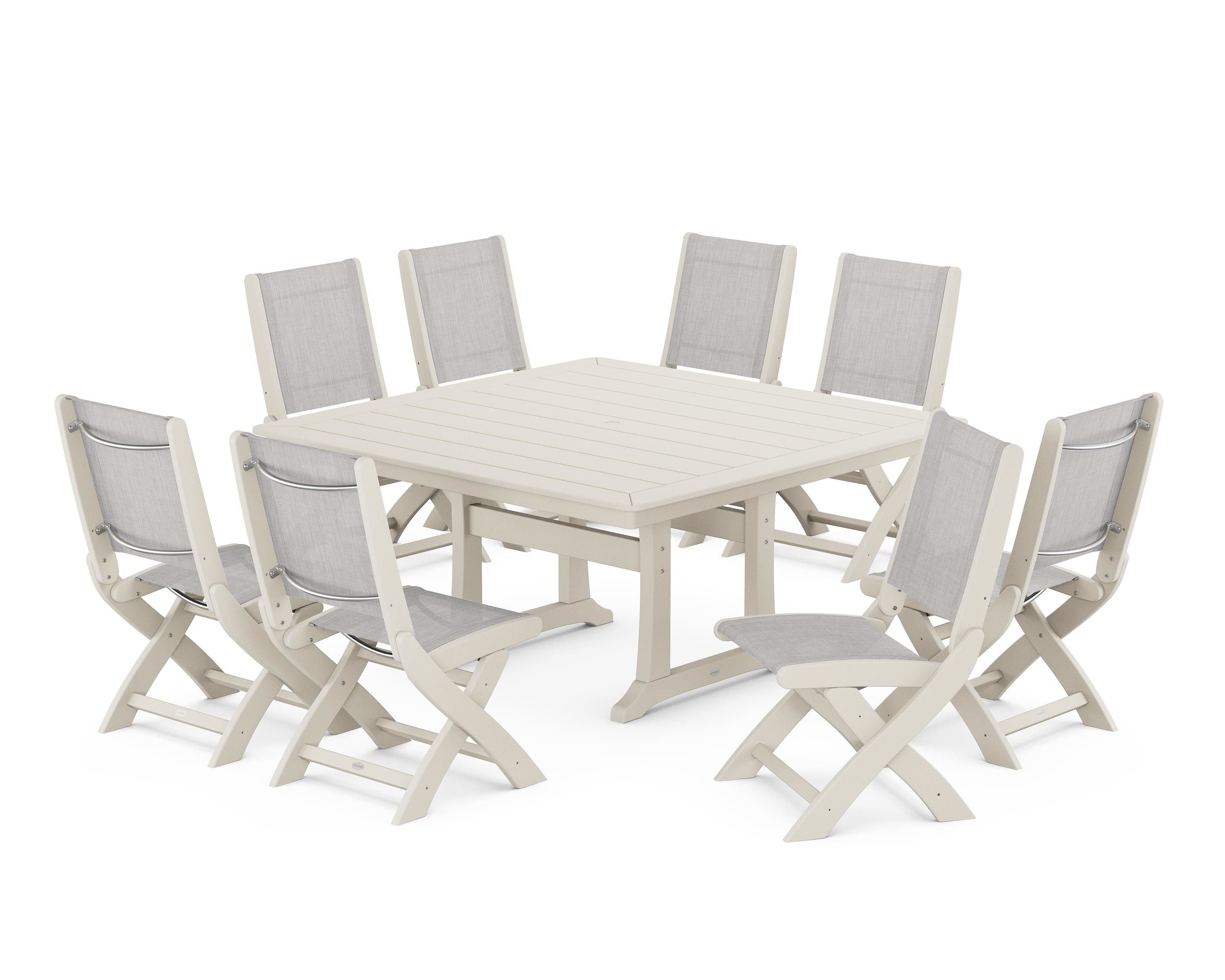 POLYWOOD Coastal Folding Side Chair 9-Piece Dining Set with Trestle Legs in Sand / Parchment Sling