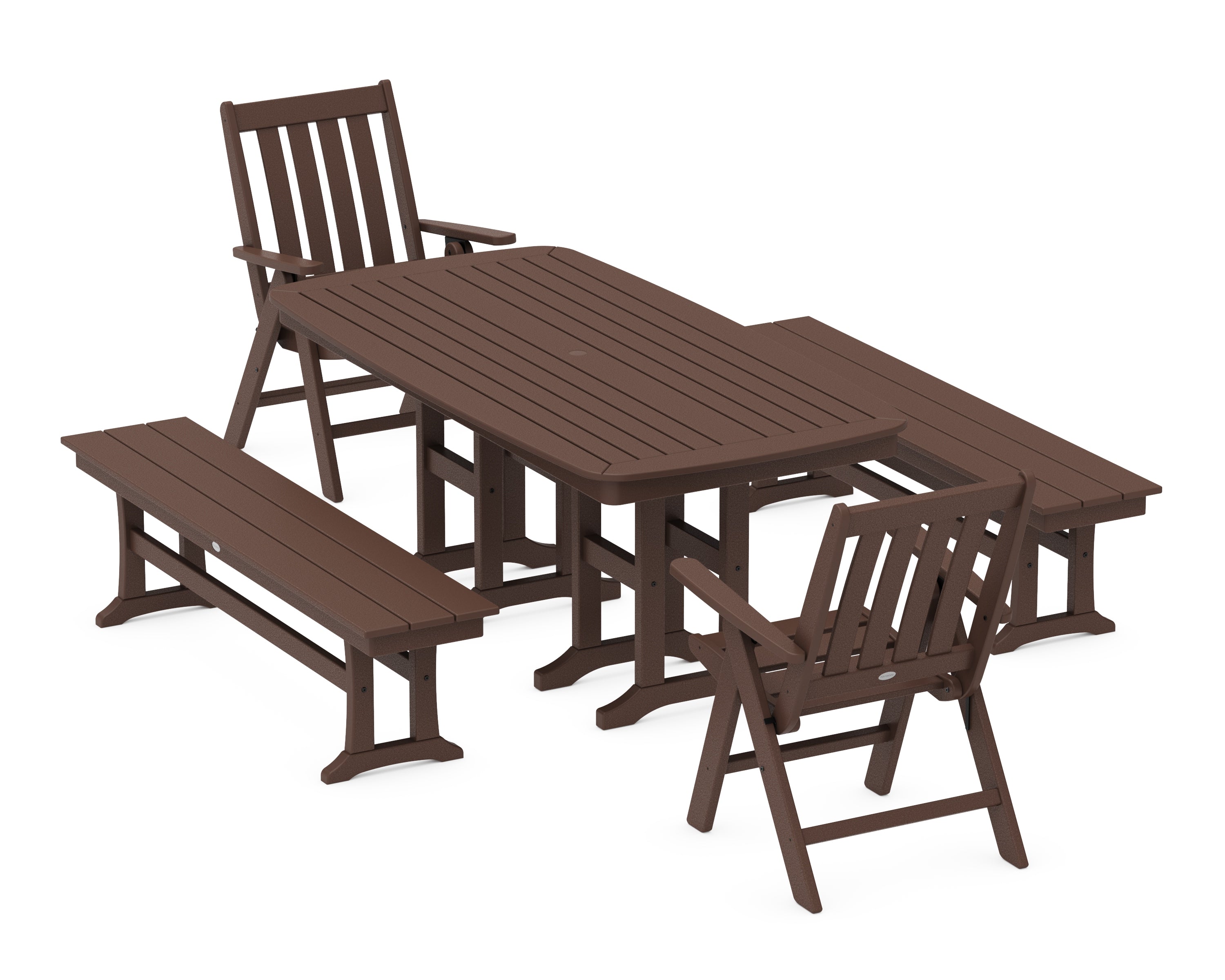 POLYWOOD Vineyard Folding Chair 6-Piece Dining Set with Benches in Mahogany