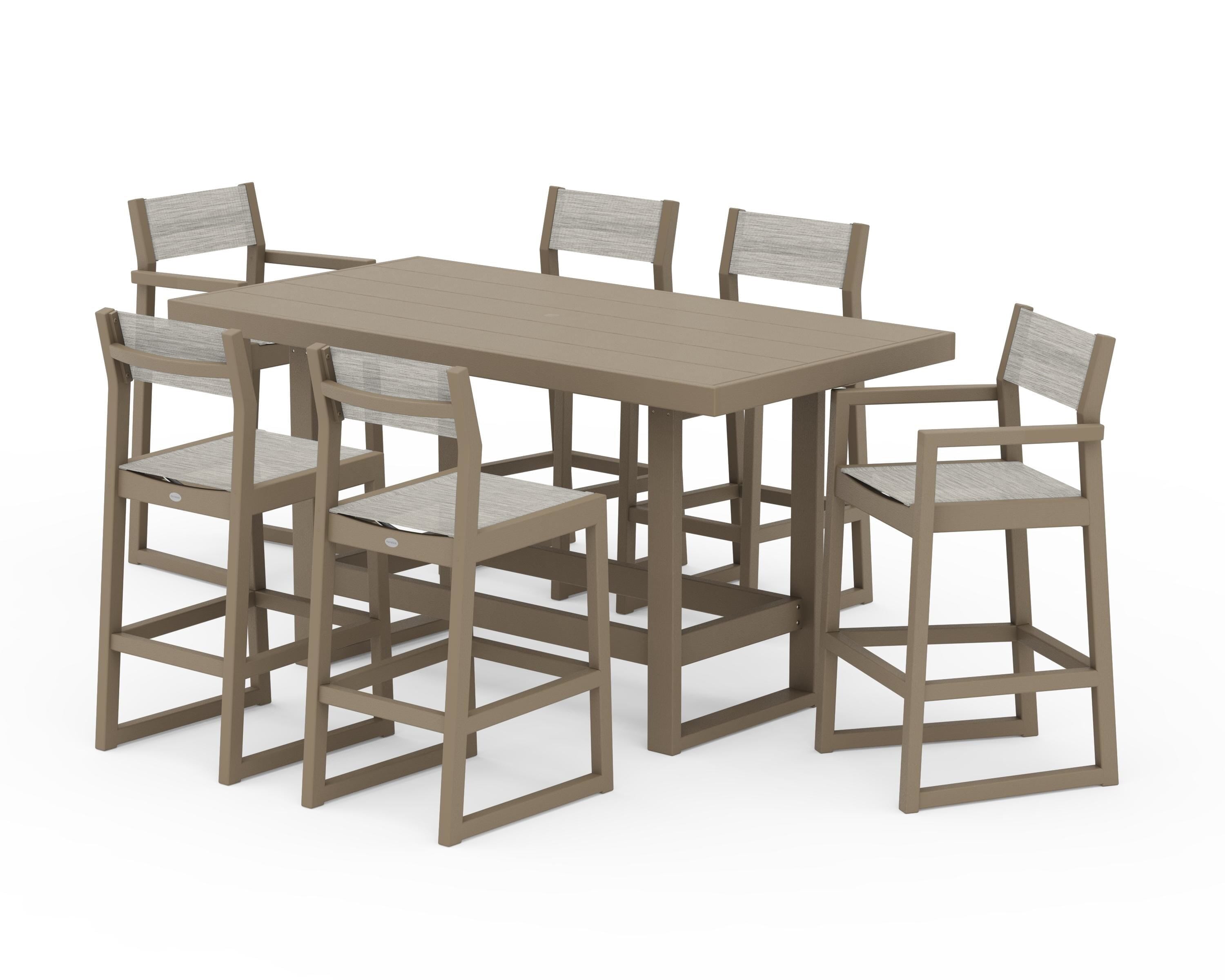 POLYWOOD EDGE Sling 7-Piece Bar Table Set in Vintage Sahara / Birch Sling