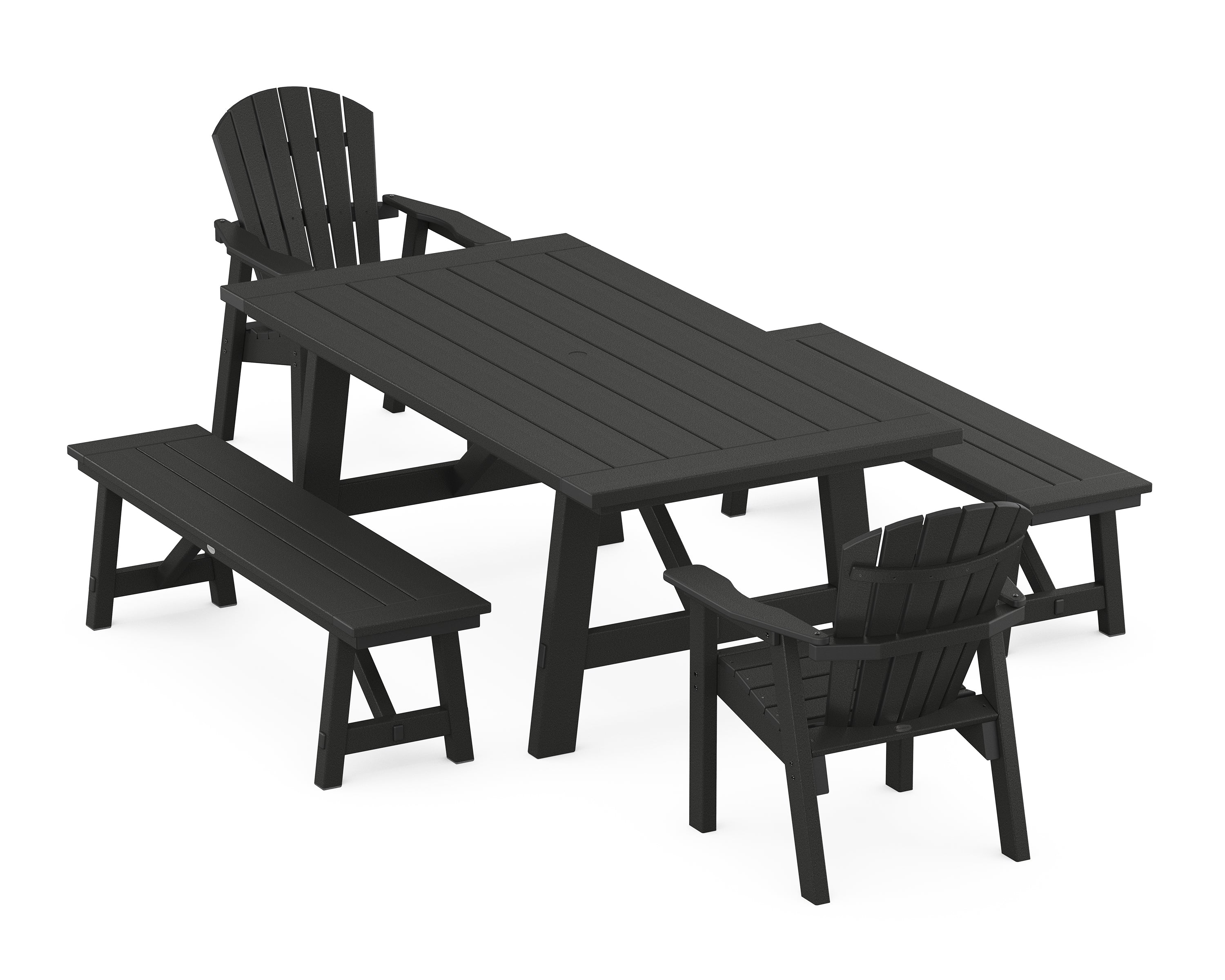 POLYWOOD® Seashell 5-Piece Rustic Farmhouse Dining Set With Benches in Black