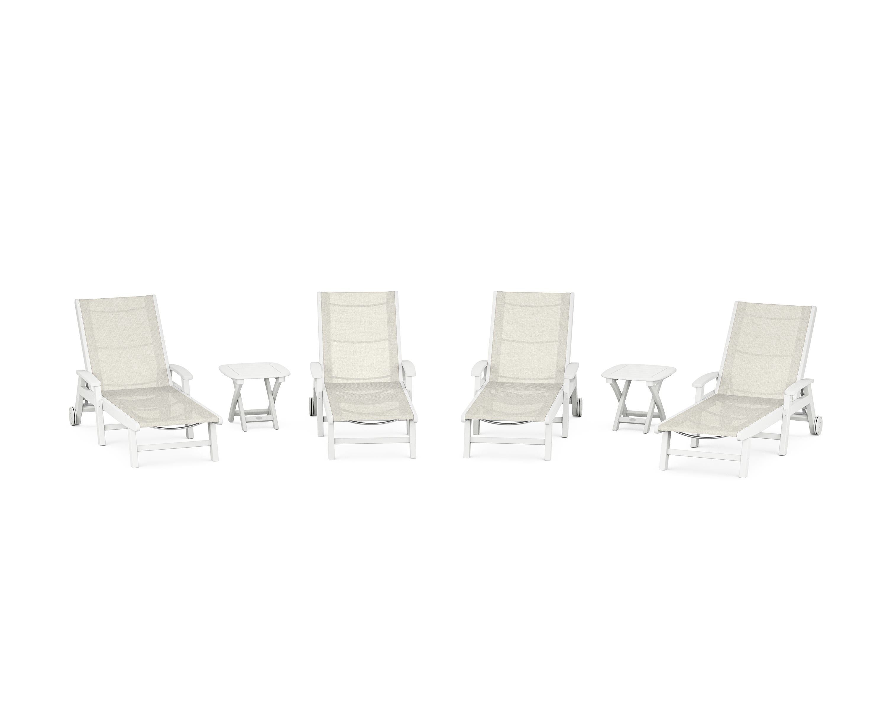 POLYWOOD Coastal Chaise 6-Piece Set with Wheels in White / Parchment Sling