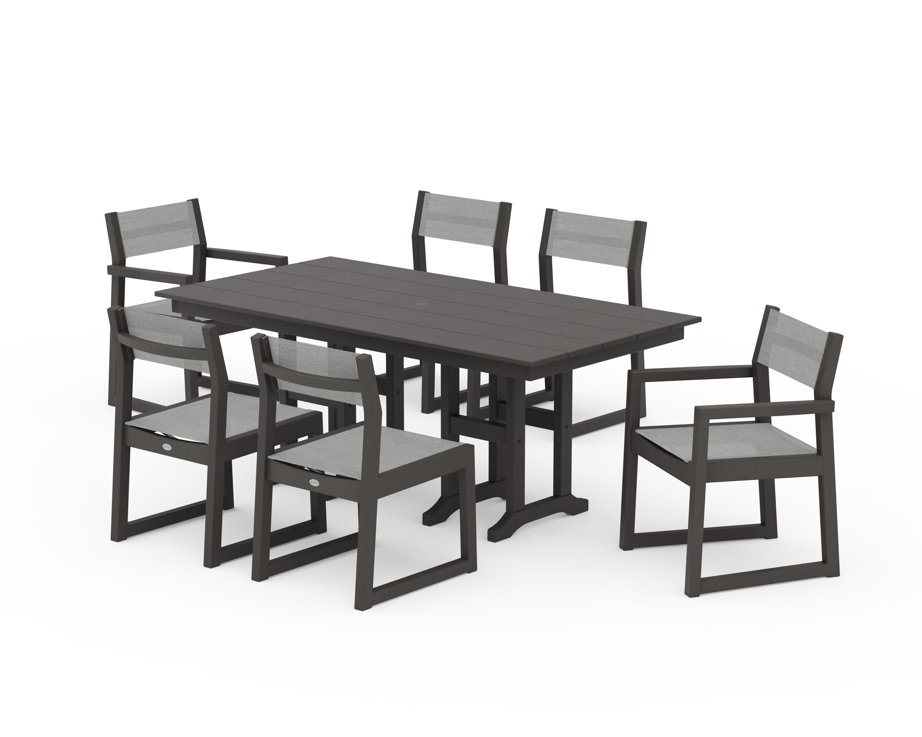 POLYWOOD EDGE Sling 7-Piece Farmhouse Dining Set in Vintage Coffee / Metallic Sling