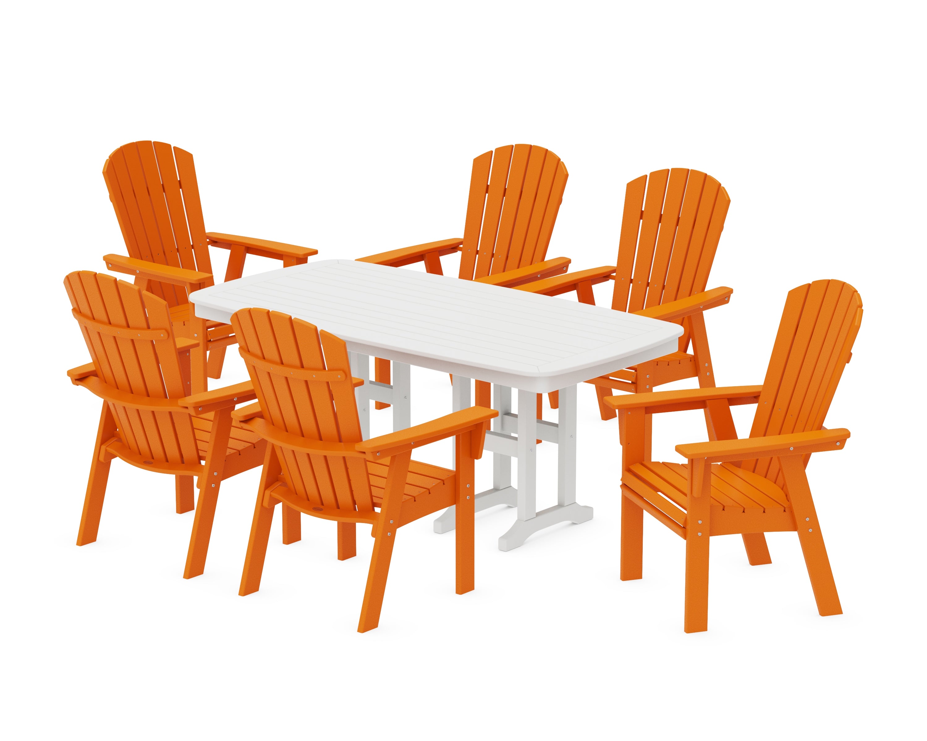 POLYWOOD Nautical Curveback Adirondack 7-Piece Dining Set in Tangerine / White