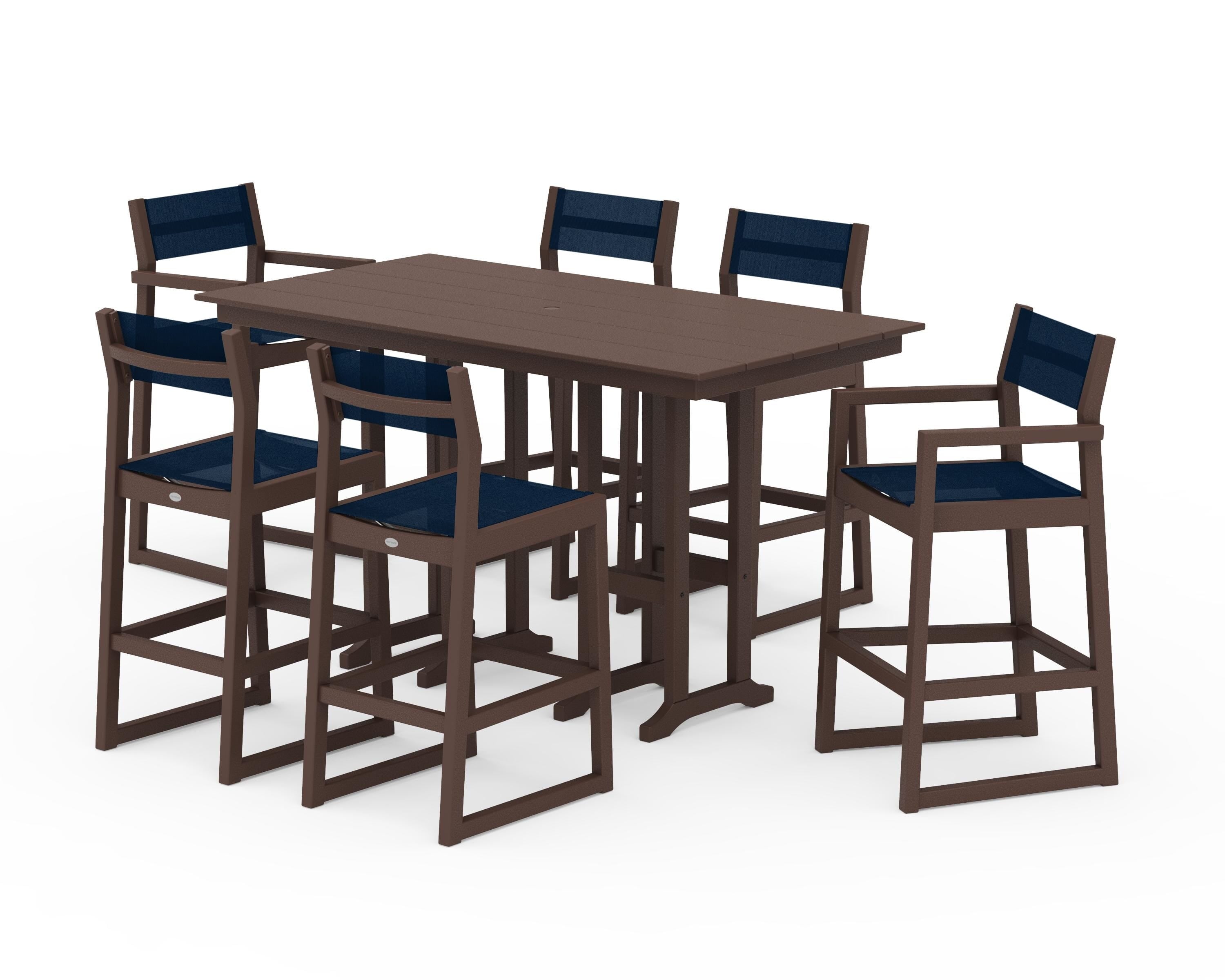 POLYWOOD EDGE Sling 7-Piece Farmhouse Bar Set in Mahogany / Navy Blue Sling