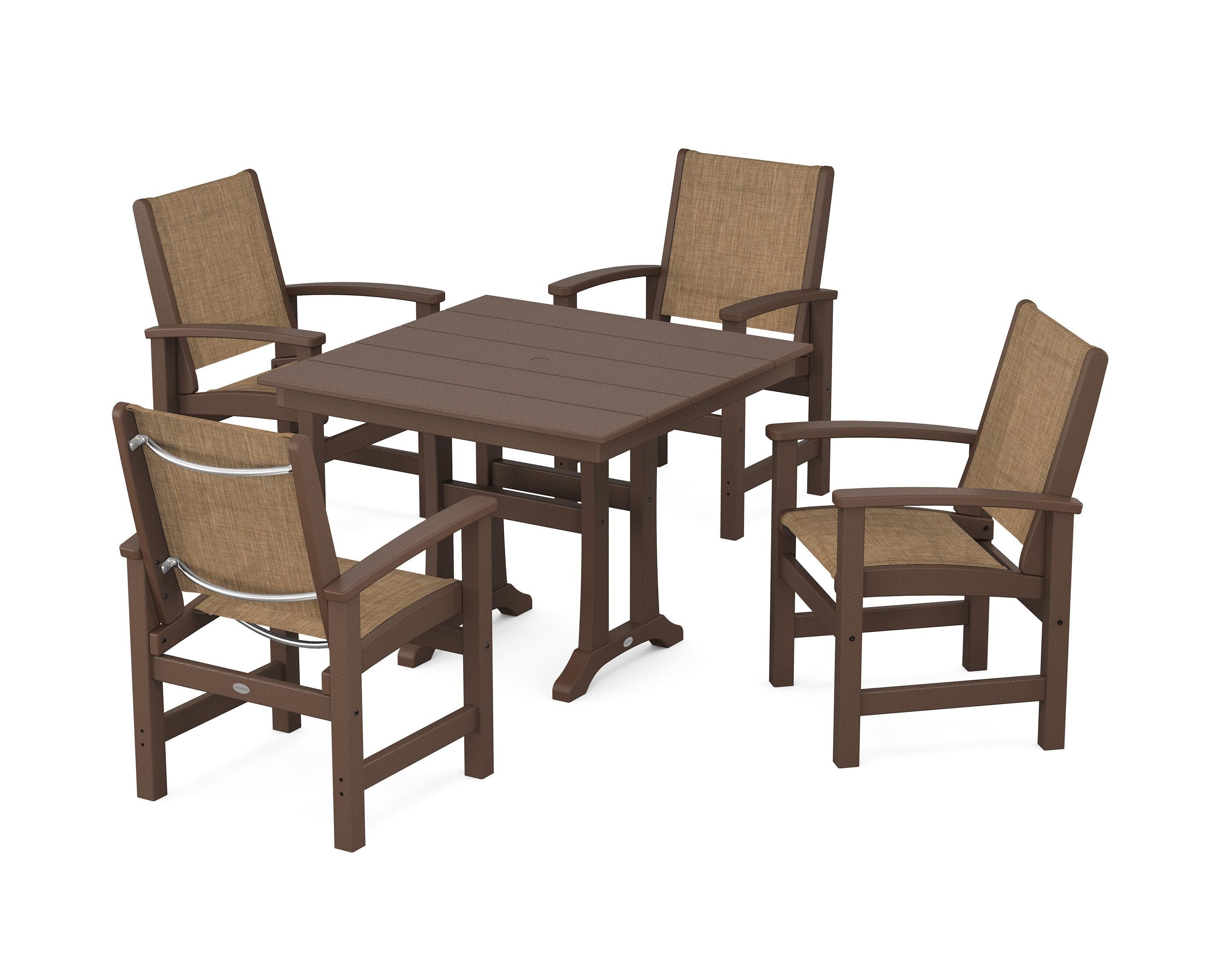 POLYWOOD Coastal 5-Piece Farmhouse Dining Set With Trestle Legs in Mahogany / Burlap Sling