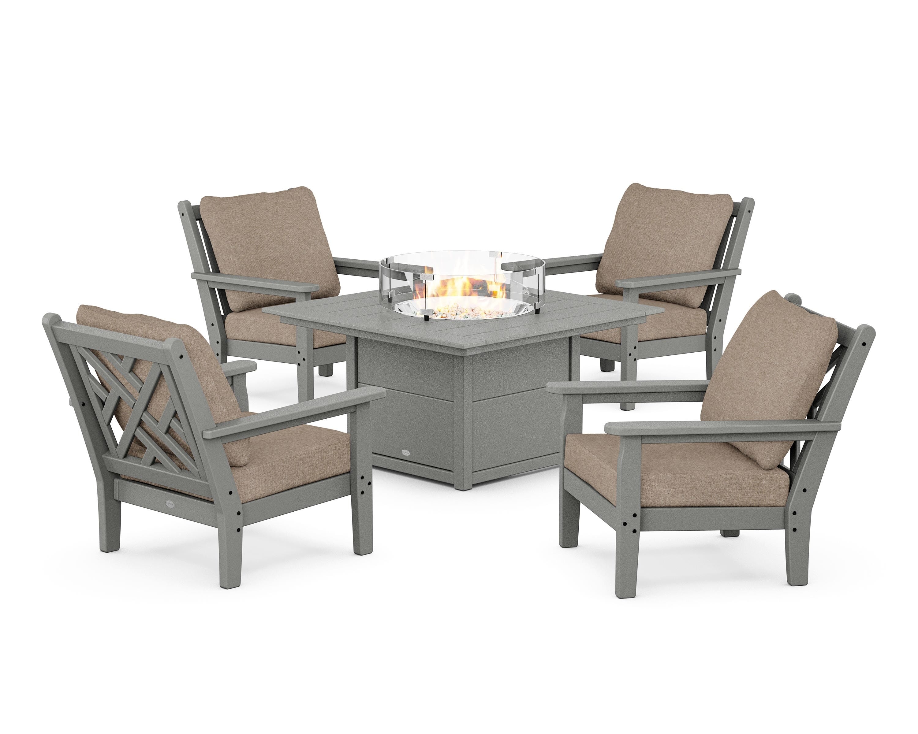 POLYWOOD Chippendale 5-Piece Deep Seating Set with Fire Pit Table in Slate Grey / Spiced Burlap
