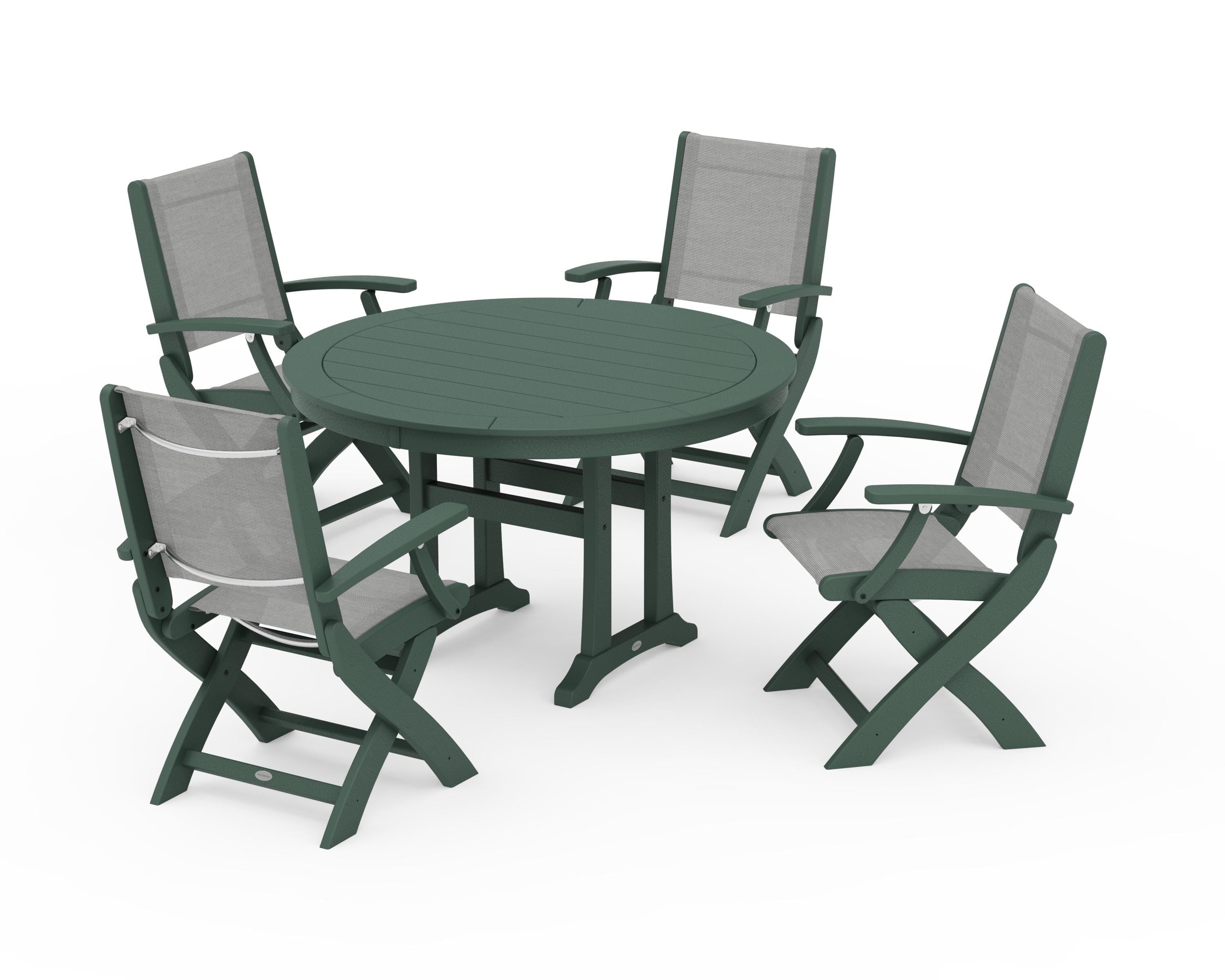 POLYWOOD Coastal Folding Chair 5-Piece Round Dining Set with Trestle Legs in Green / Metallic Sling