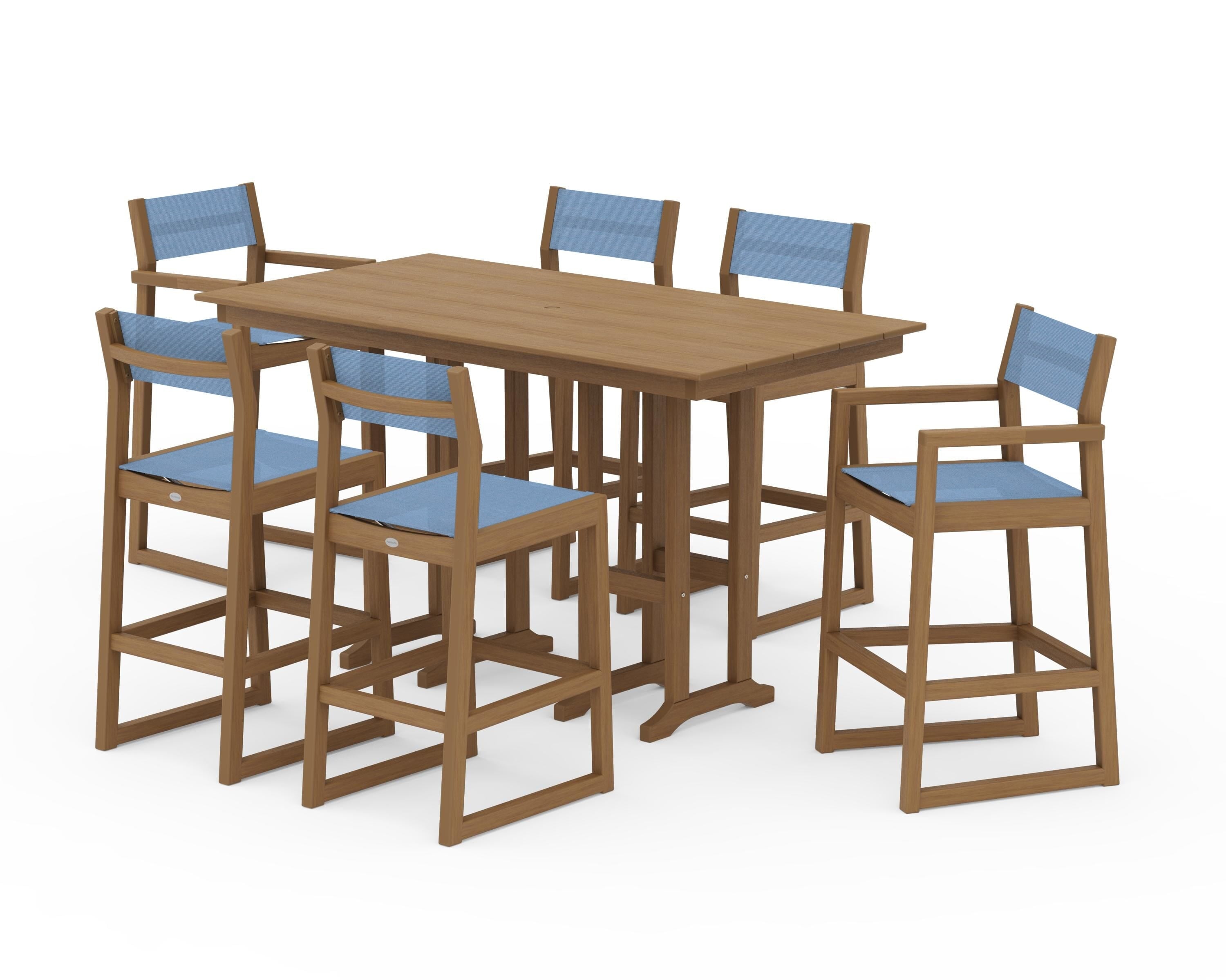 POLYWOOD EDGE Sling 7-Piece Farmhouse Bar Set in Natural / Poolside Sling