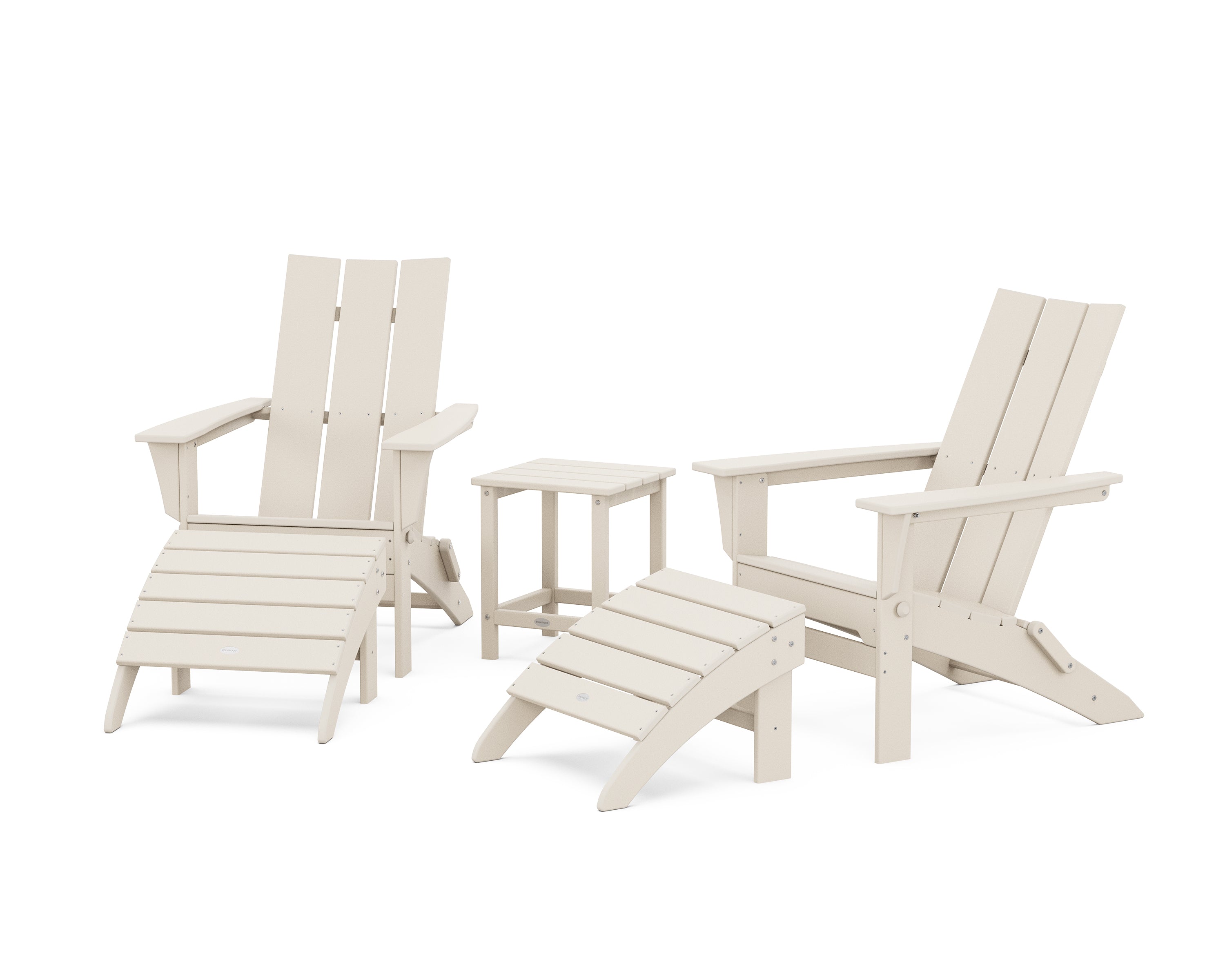 POLYWOOD® Modern Folding Adirondack Chair 5-Piece Set with Ottomans and 18" Side Table in Sand