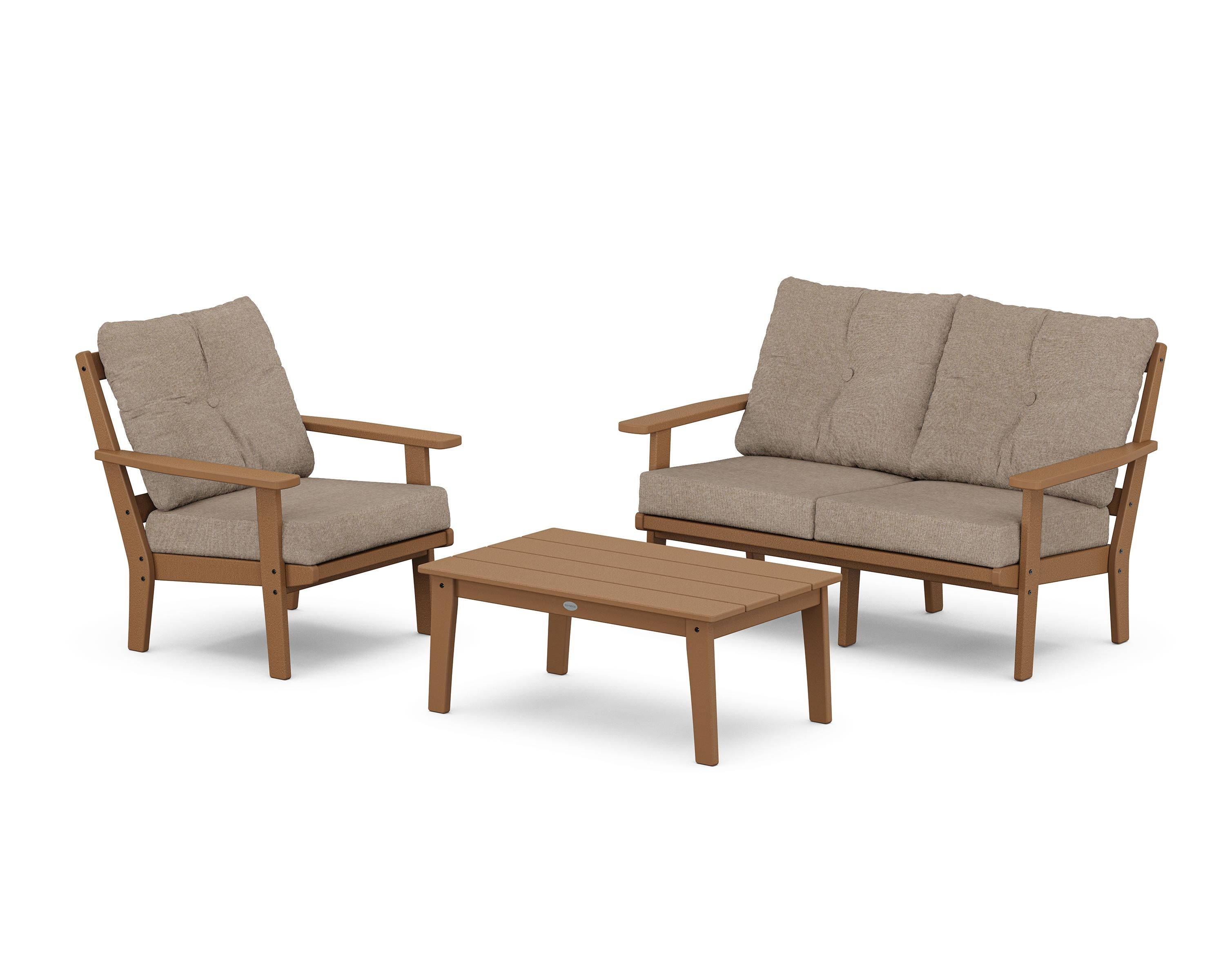 POLYWOOD Oxford 3-Piece Deep Seating Set with Loveseat in Teak / Spiced Burlap