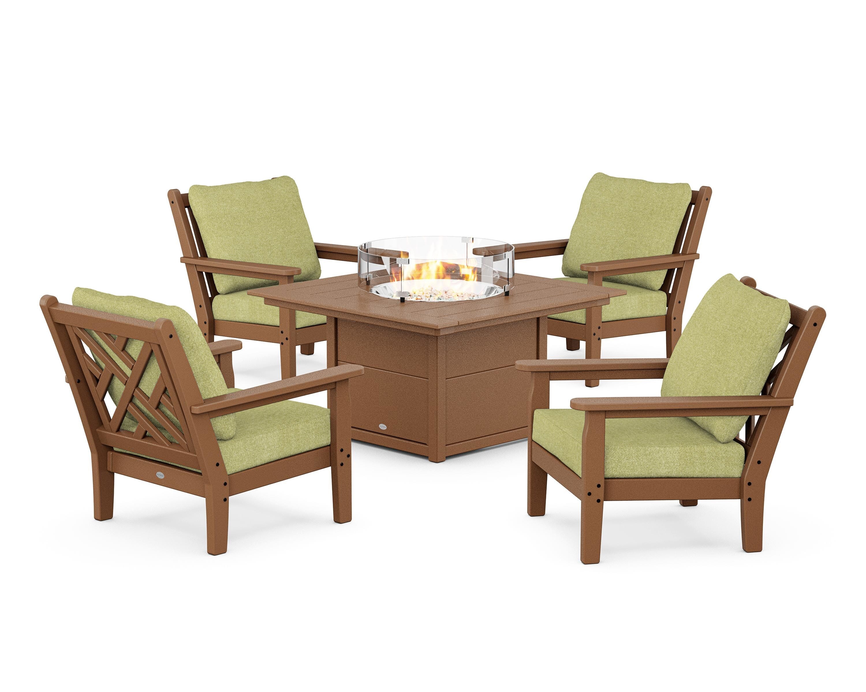POLYWOOD Chippendale 5-Piece Deep Seating Set with Fire Pit Table in Teak / Chartreuse Boucle