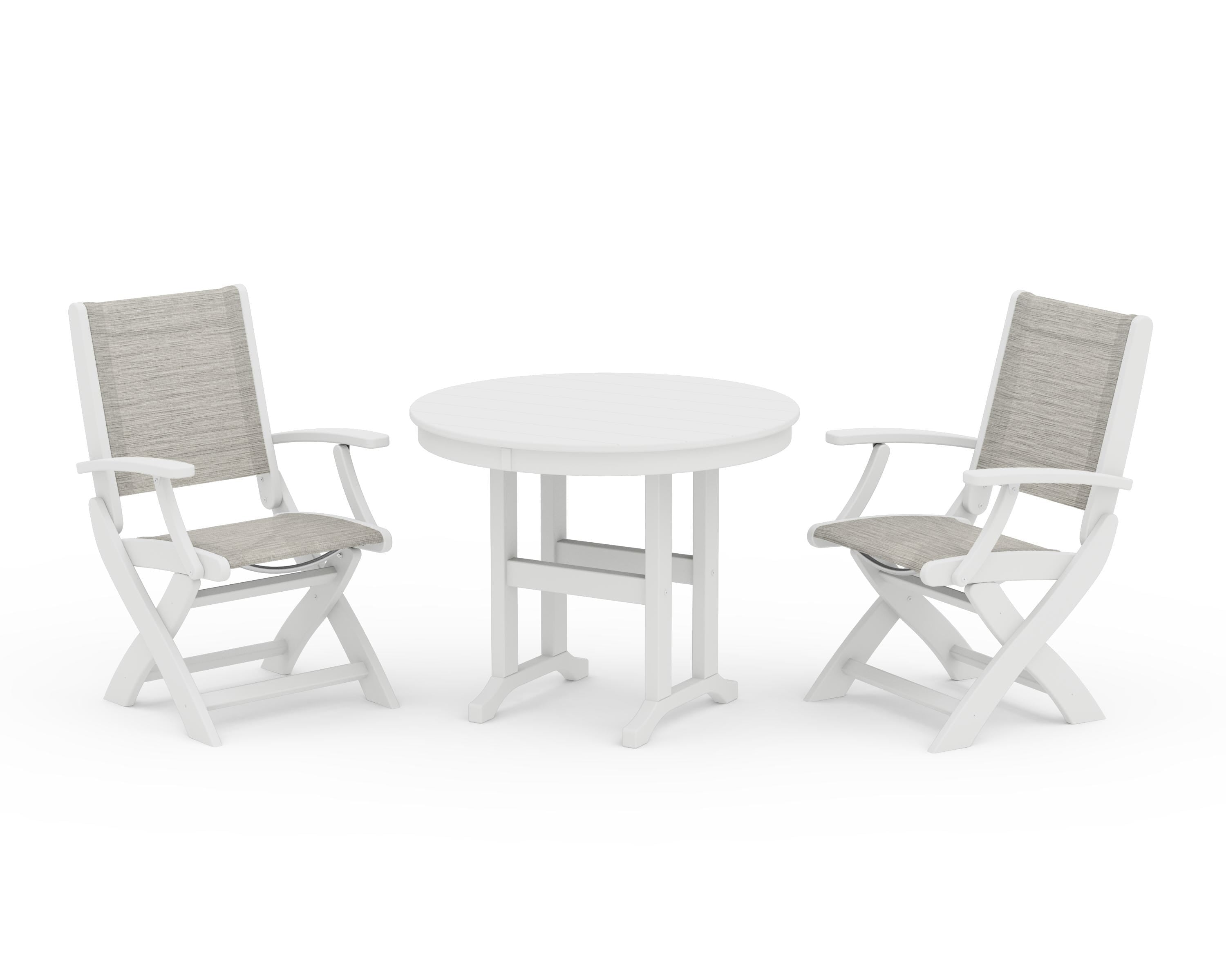 POLYWOOD Coastal Folding Chair 3-Piece Round Dining Set in White / Birch Sling