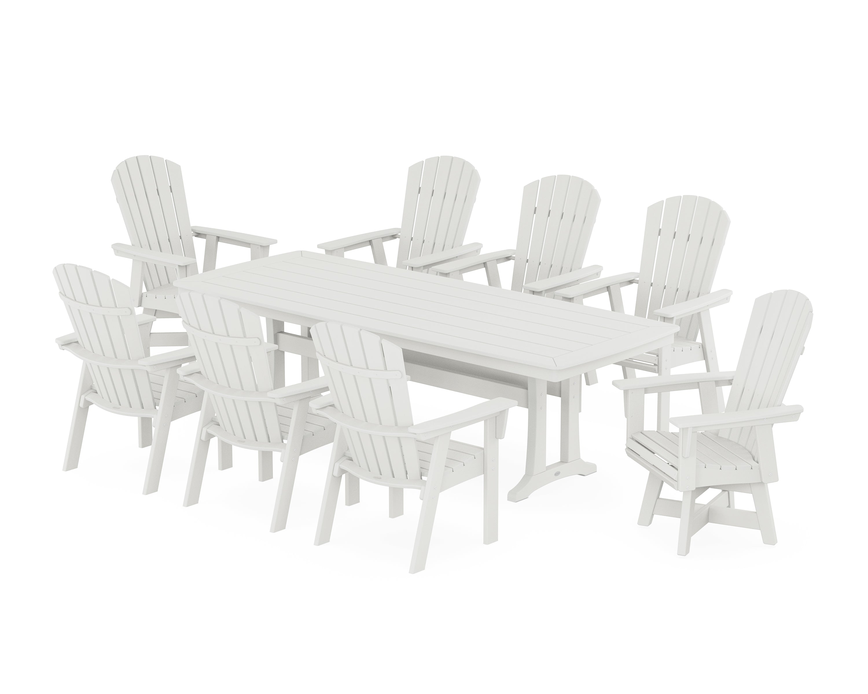 POLYWOOD® Nautical Curveback Adirondack Swivel 9-Piece Dining Set with Trestle Legs in Vintage White