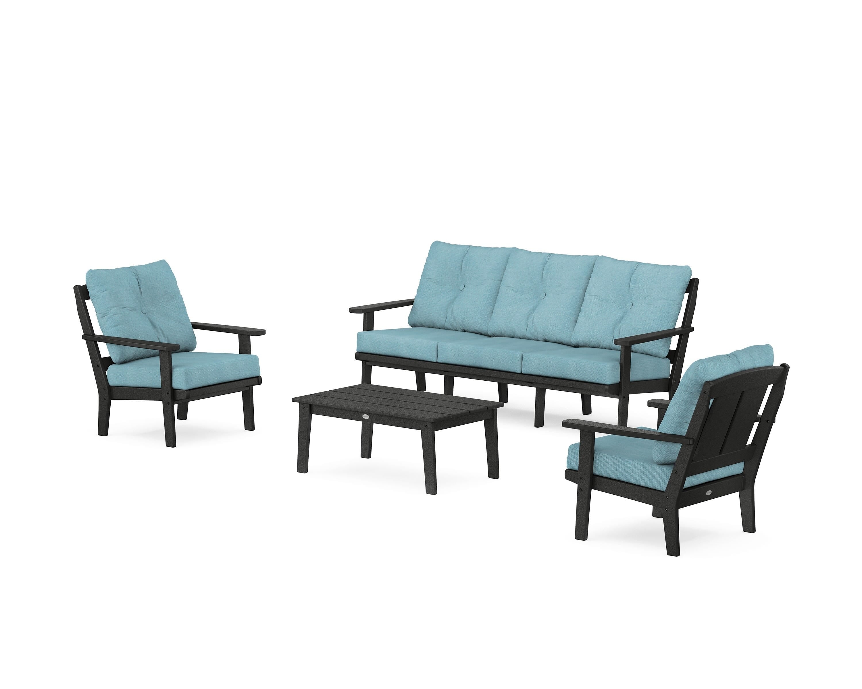 POLYWOOD Mission 4-Piece Deep Seating Set with Sofa in Black / Lattice Sky Blue