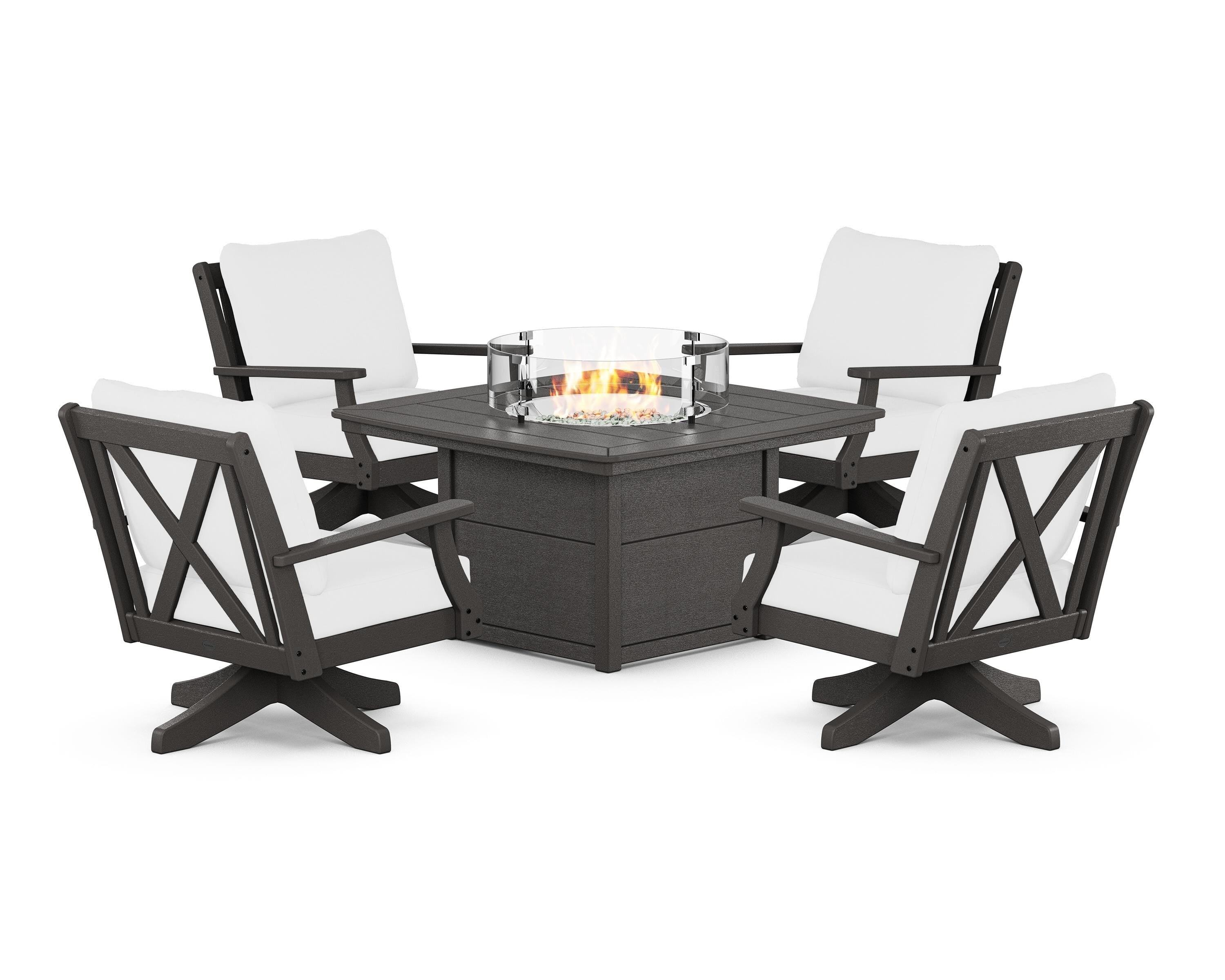 POLYWOOD Braxton 5-Piece Deep Seating Swivel Conversation Set with Fire Pit Table in Vintage Coffee / Natural
