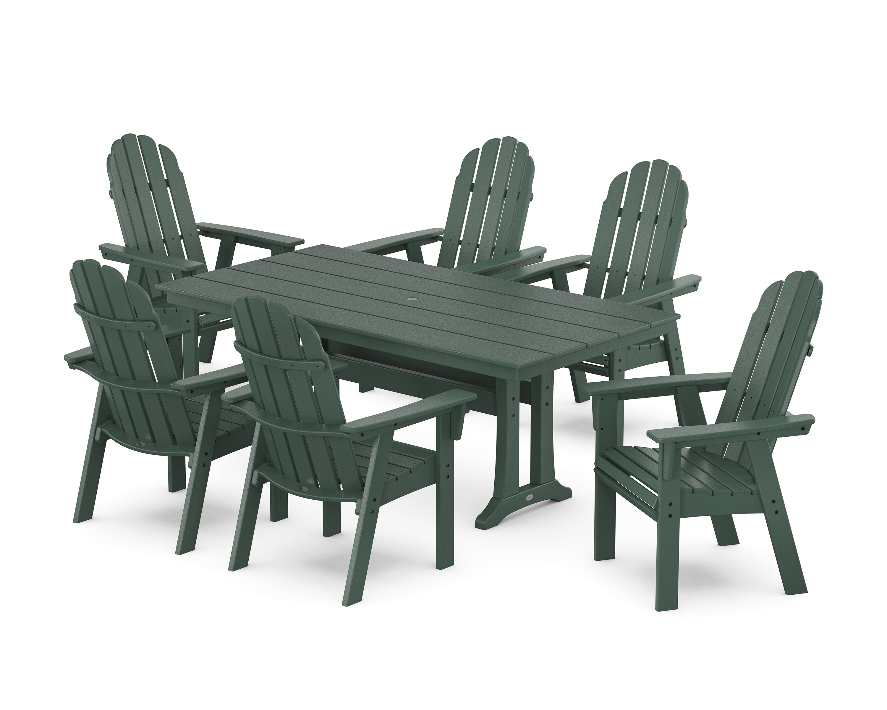 POLYWOOD Vineyard Curveback Adirondack Chair 7-Piece Farmhouse Dining Set with Trestle Legs in Green