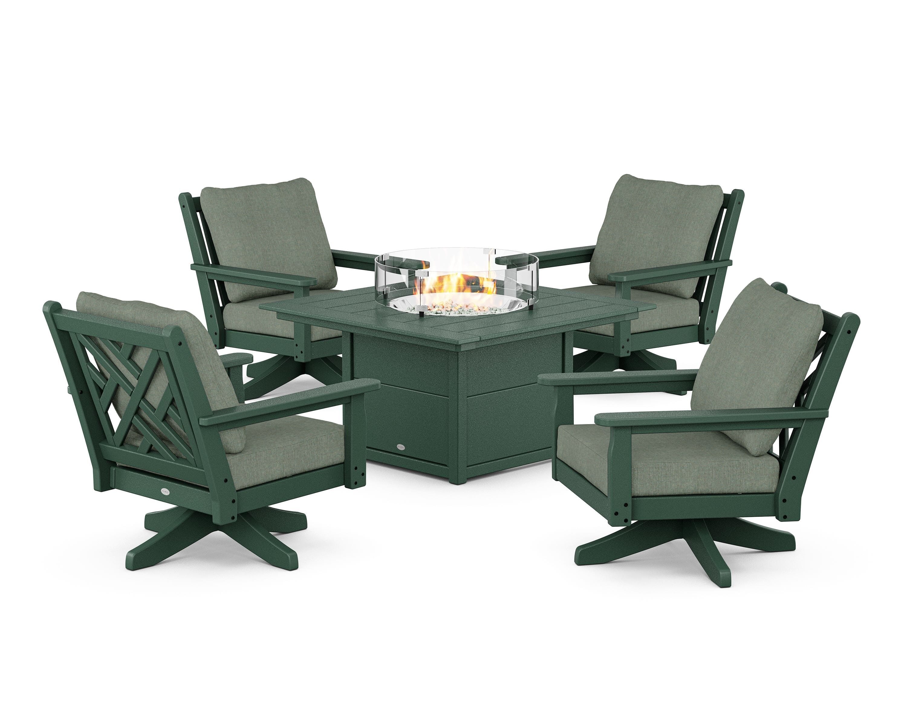 POLYWOOD Chippendale 5-Piece Deep Seating Swivel Conversation Set with Fire Pit Table in Green / Cast Sage