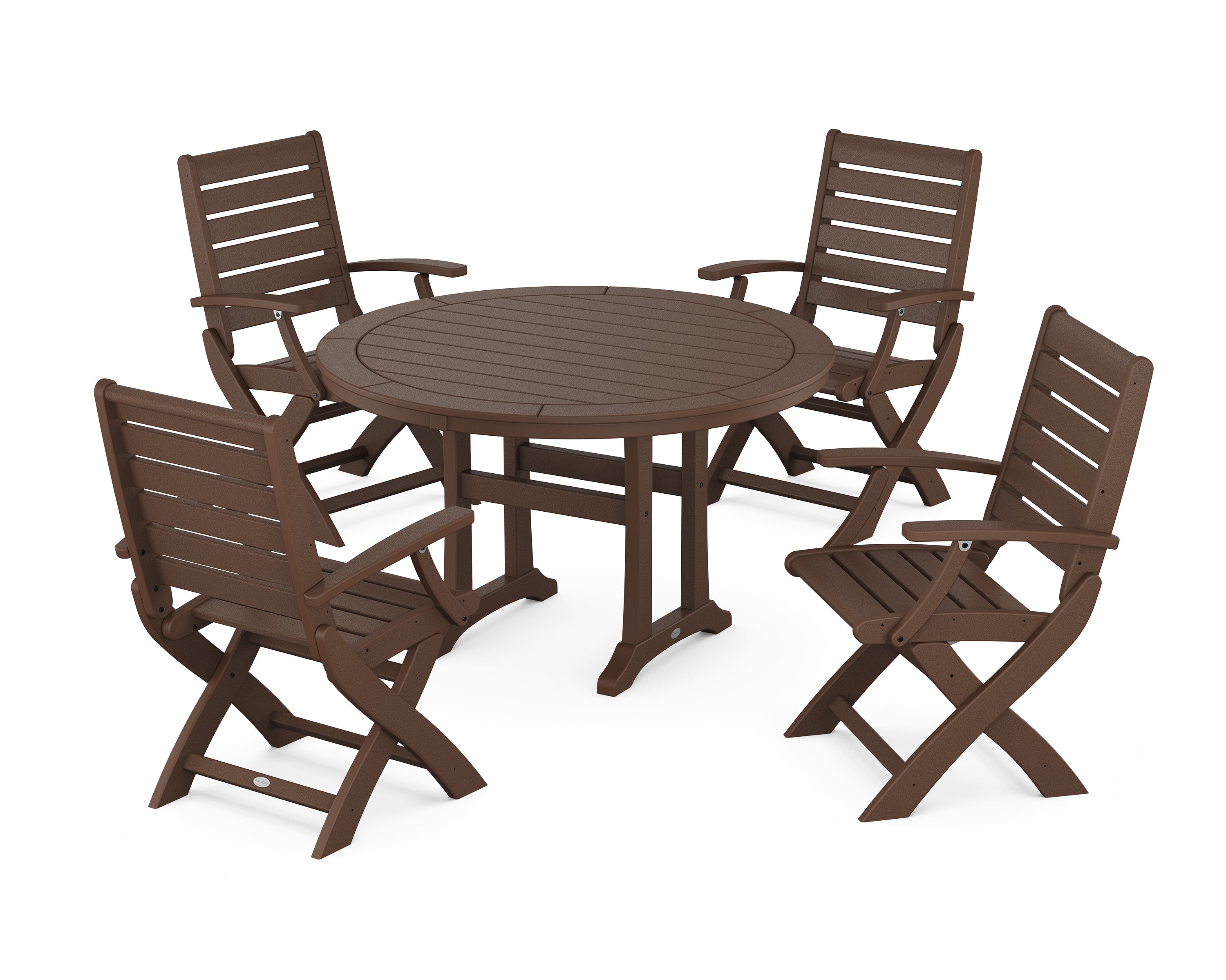 POLYWOOD® Signature Folding Chair 5-Piece Round Dining Set with Trestle Legs in Mahogany