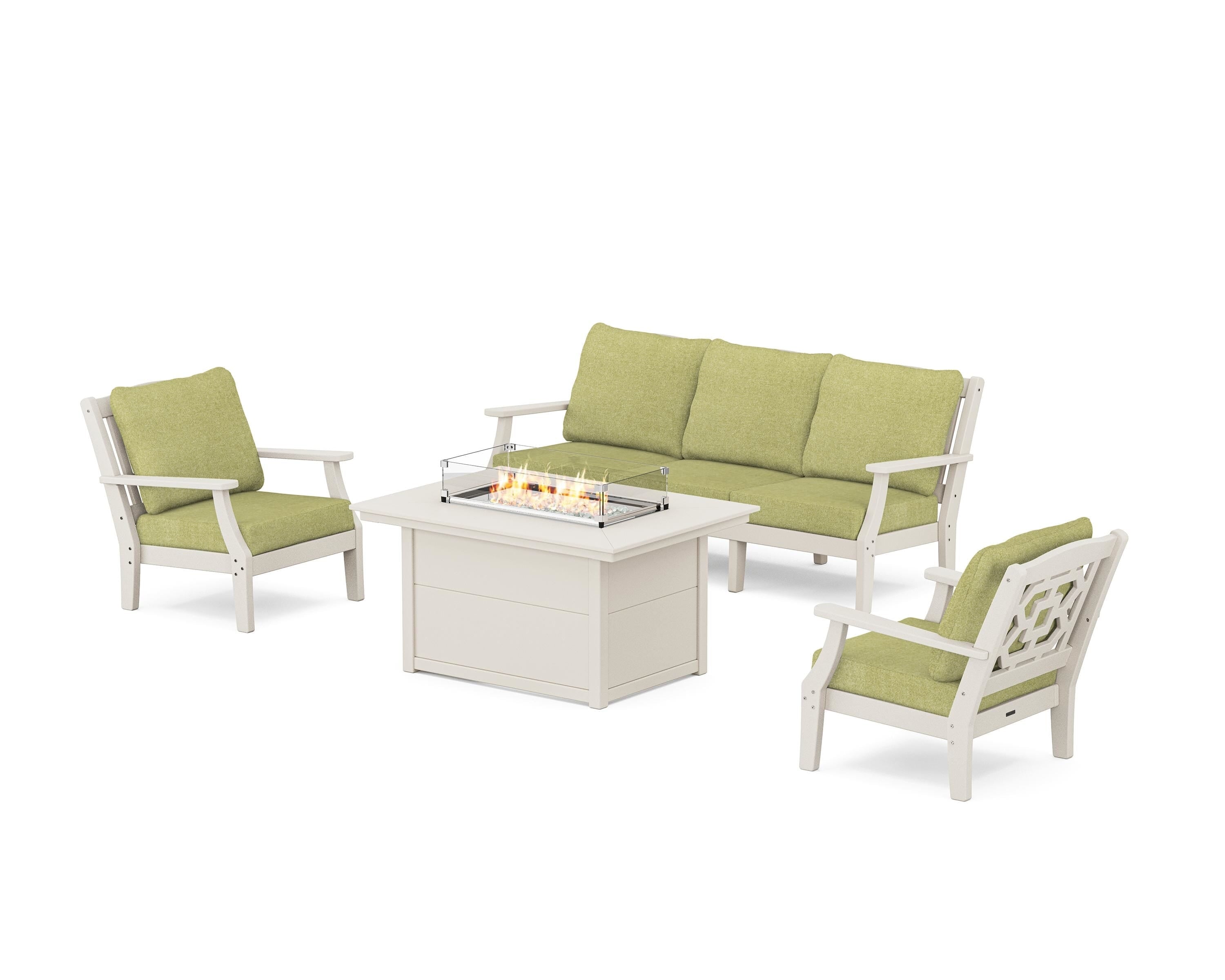 Martha Stewart by POLYWOOD Chinoiserie Deep Seating Fire Pit Table Set in Sand / Chartreuse Boucle