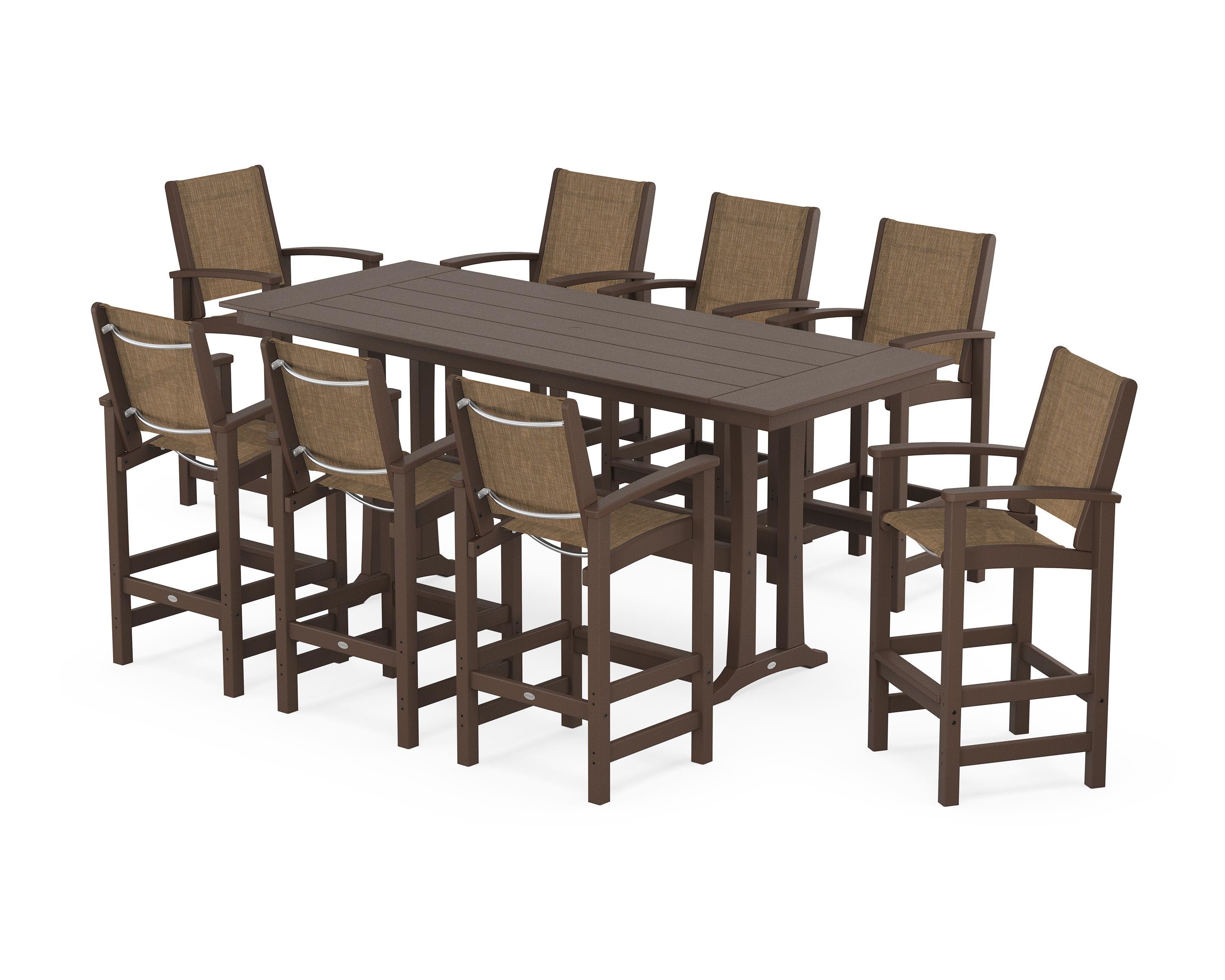 POLYWOOD Coastal 9-Piece Farmhouse Bar Set with Trestle Legs in Mahogany / Burlap Sling