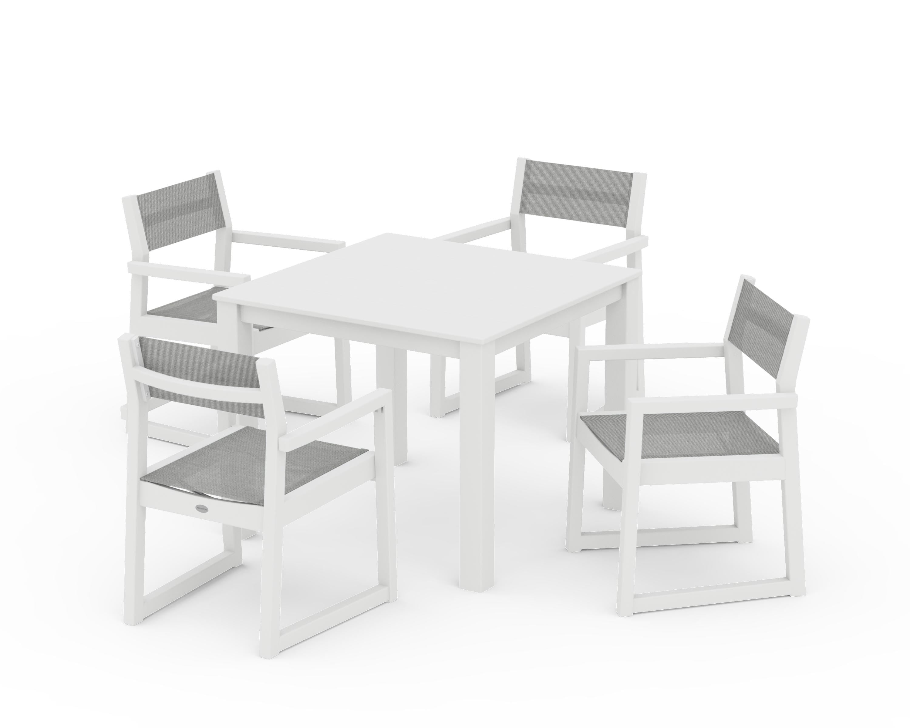 POLYWOOD EDGE Sling Arm Chair 5-Piece Parsons Dining Set in White / Metallic Sling