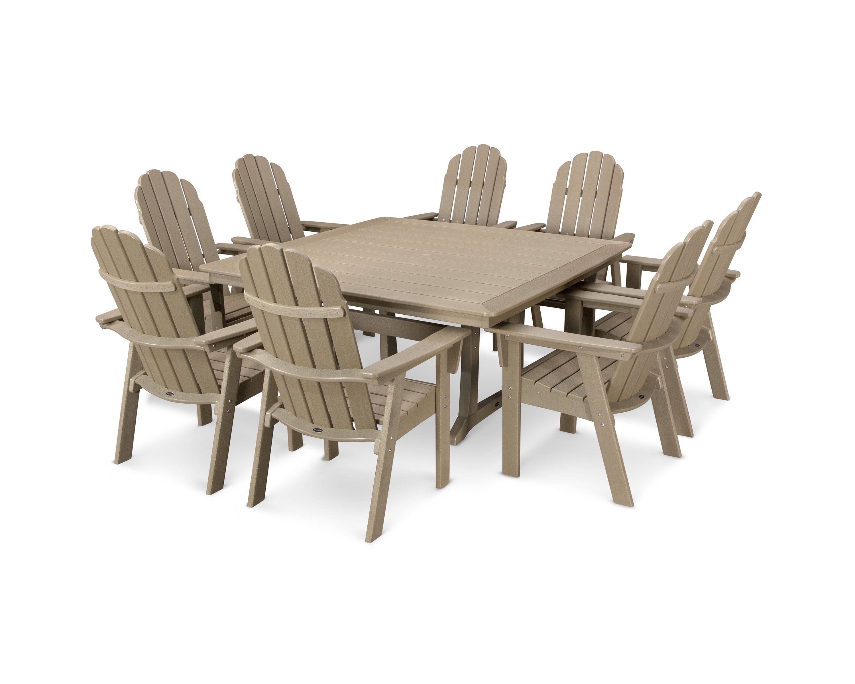 POLYWOOD® Vineyard Curveback Adirondack 9-Piece Nautical Trestle Dining Set in Vintage Sahara