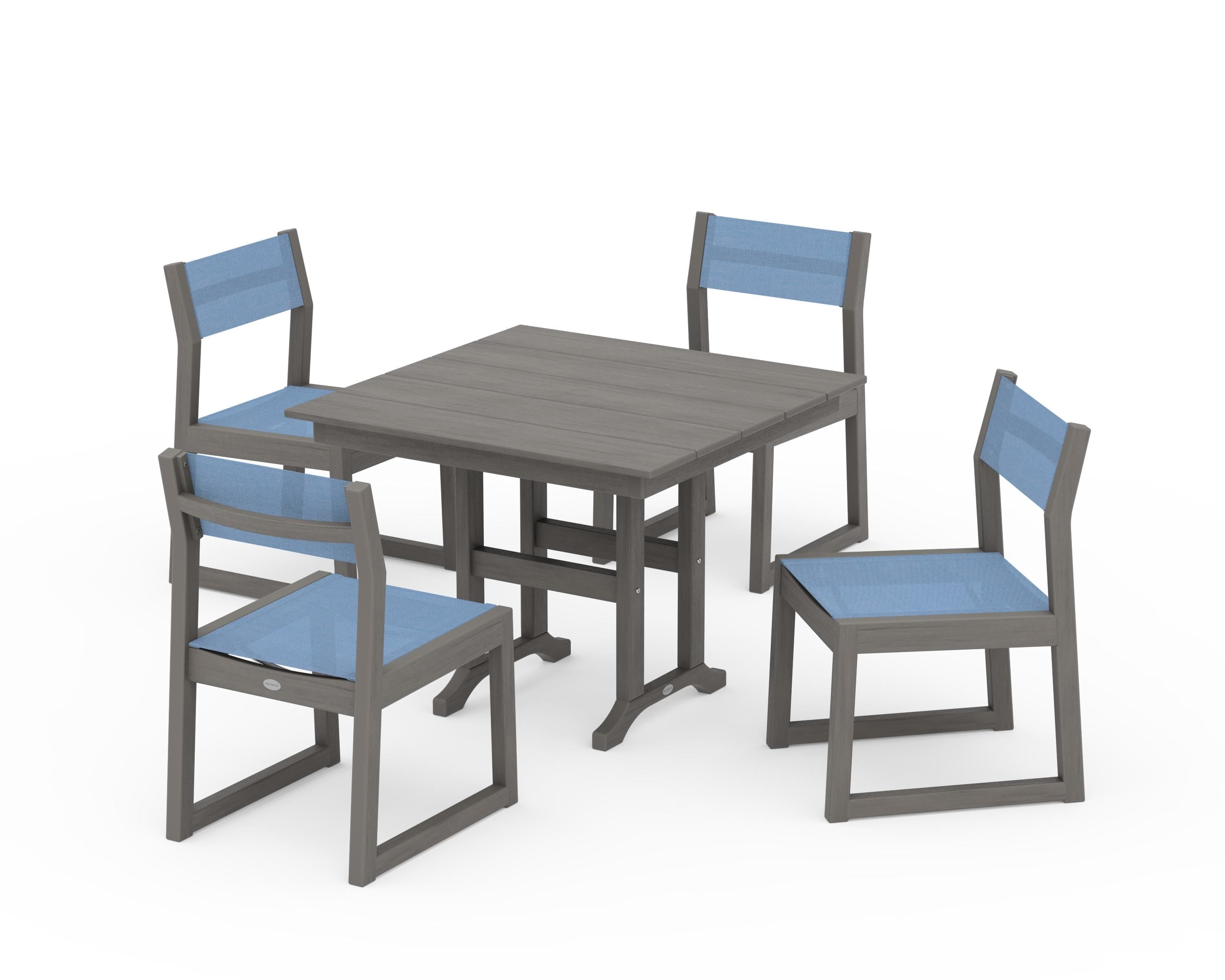 POLYWOOD EDGE Sling Side Chair 5-Piece Farmhouse Dining Set in Driftwood / Poolside Sling