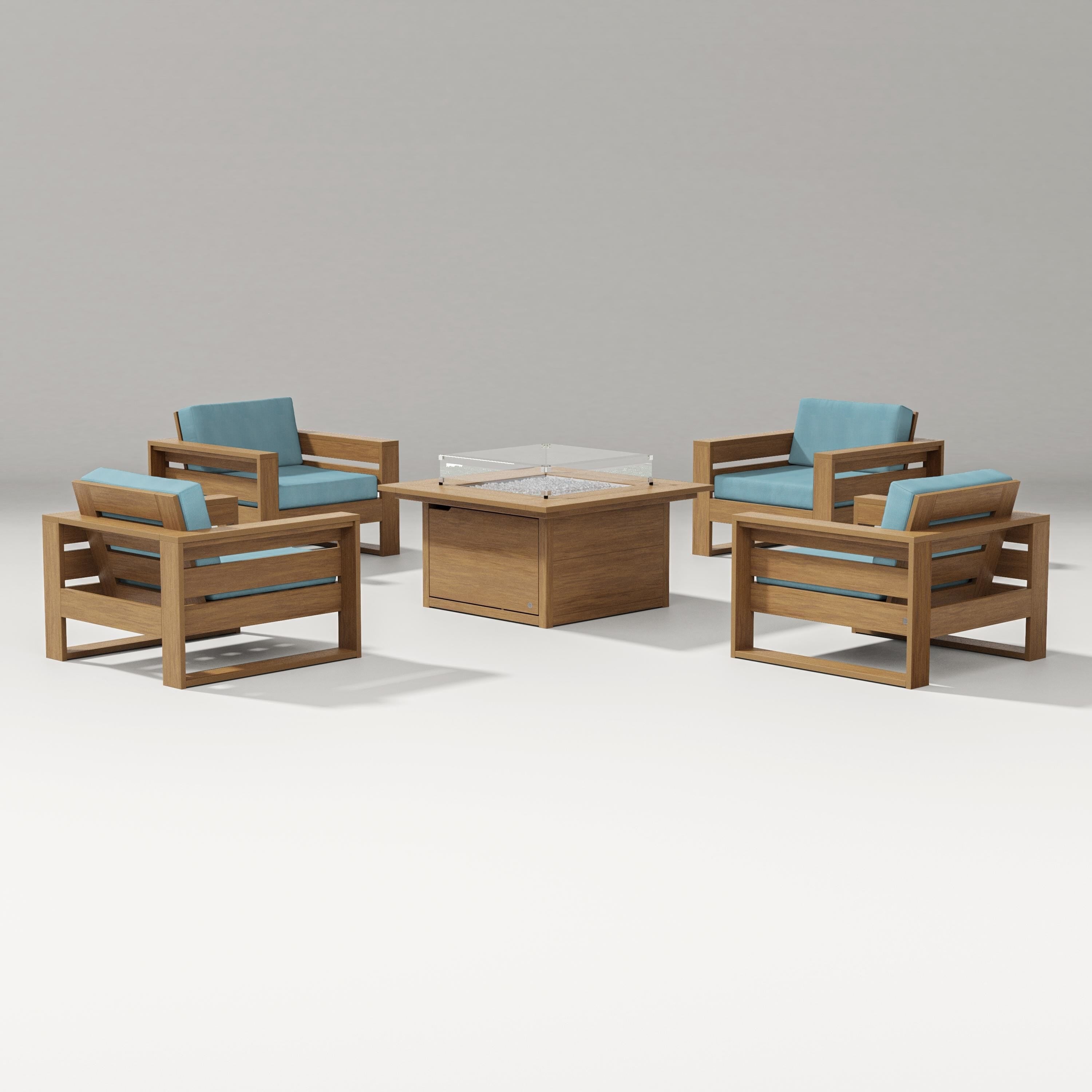 PW Designer Series Latitude 5-Piece Lounge Fire Table Set in Natural / Lattice Sky Blue