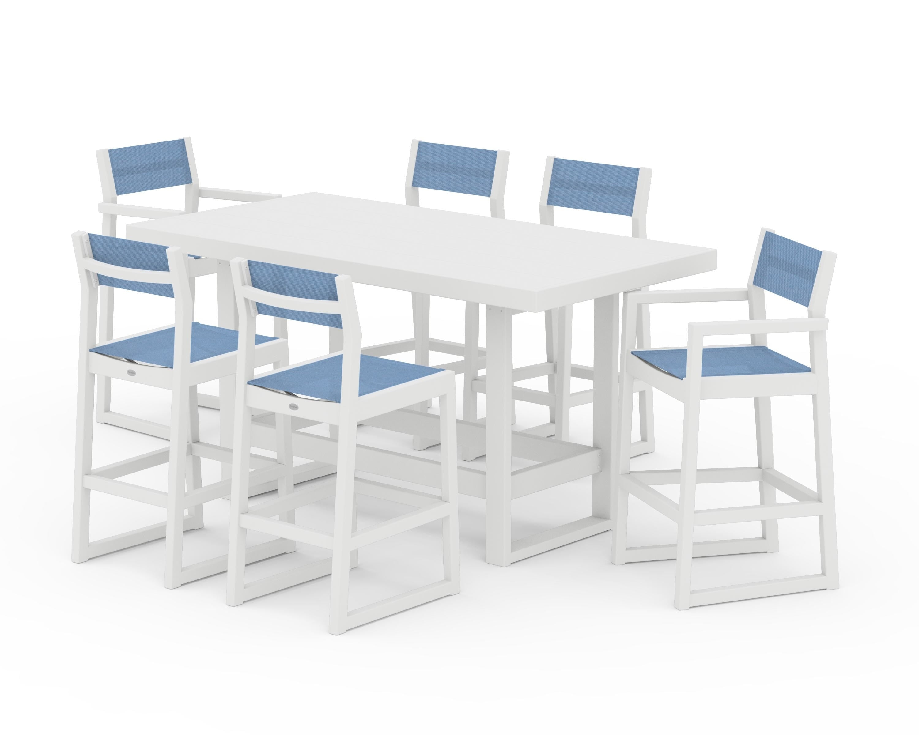 POLYWOOD EDGE Sling 7-Piece Bar Table Set in White / Poolside Sling