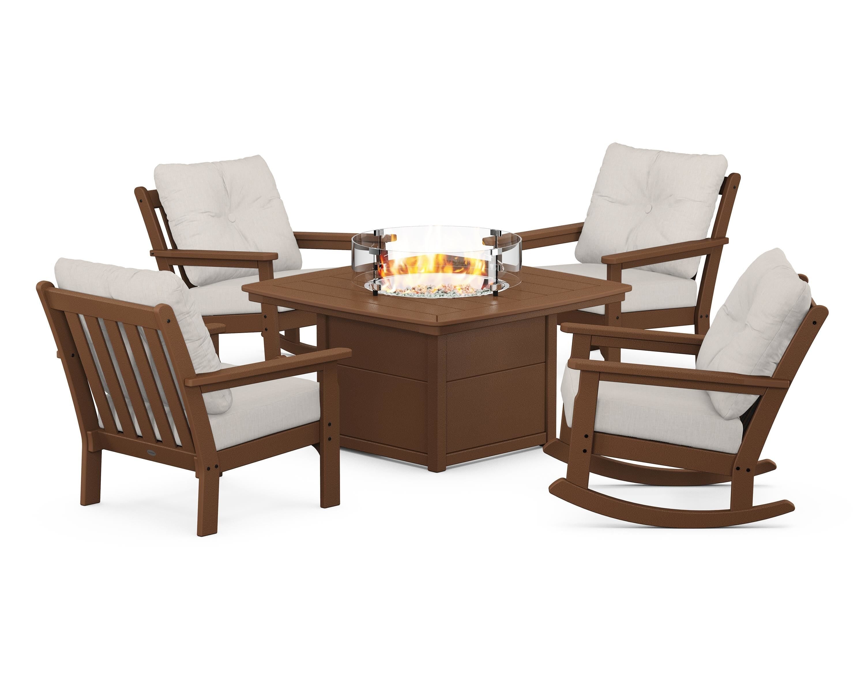 POLYWOOD Vineyard 5-Piece Deep Seating Rocking Chair Conversation Set with Fire Pit Table in Teak / Cast Ash