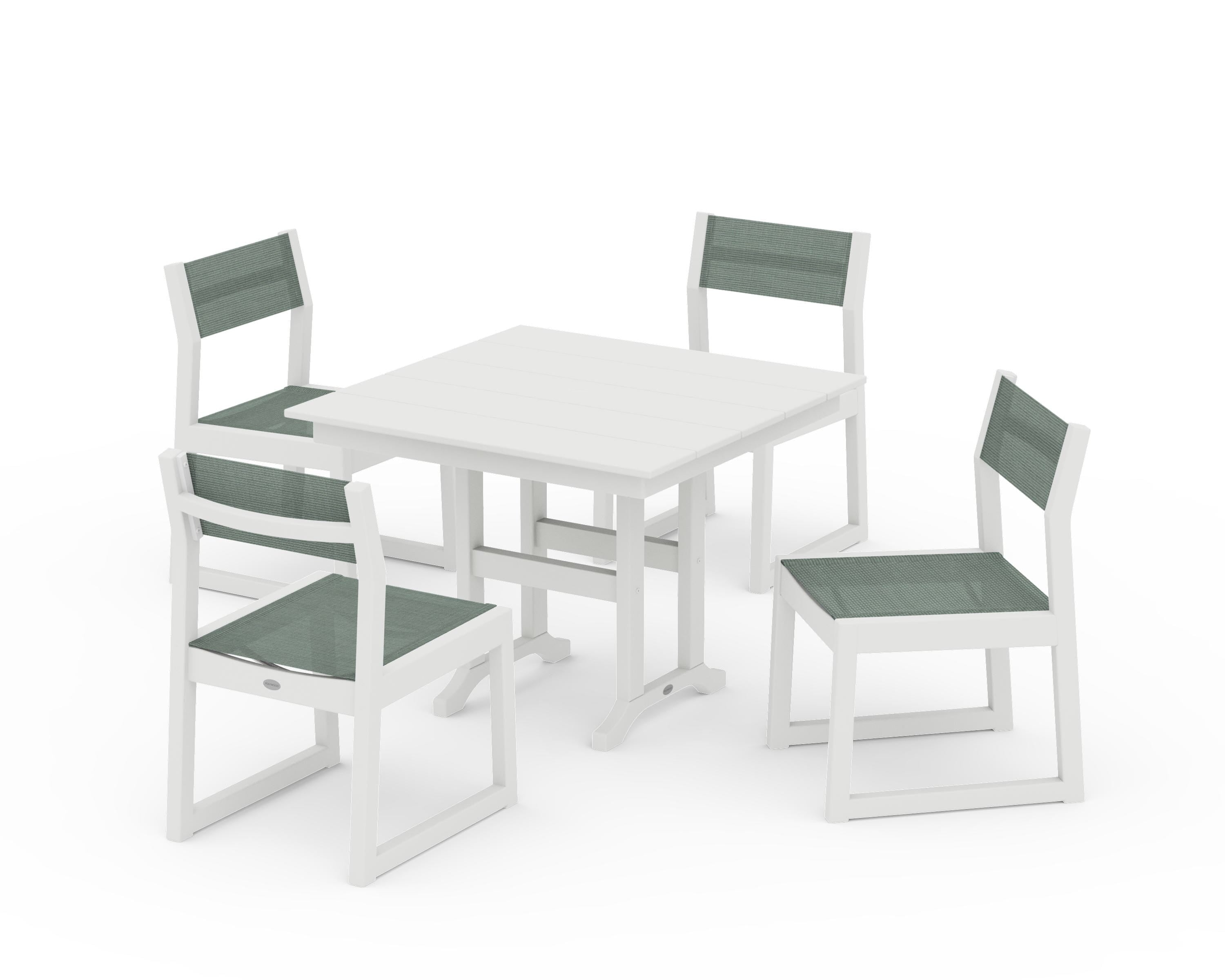 POLYWOOD EDGE Sling Side Chair 5-Piece Farmhouse Dining Set in Vintage White / Dupioni Sea Mist Sling
