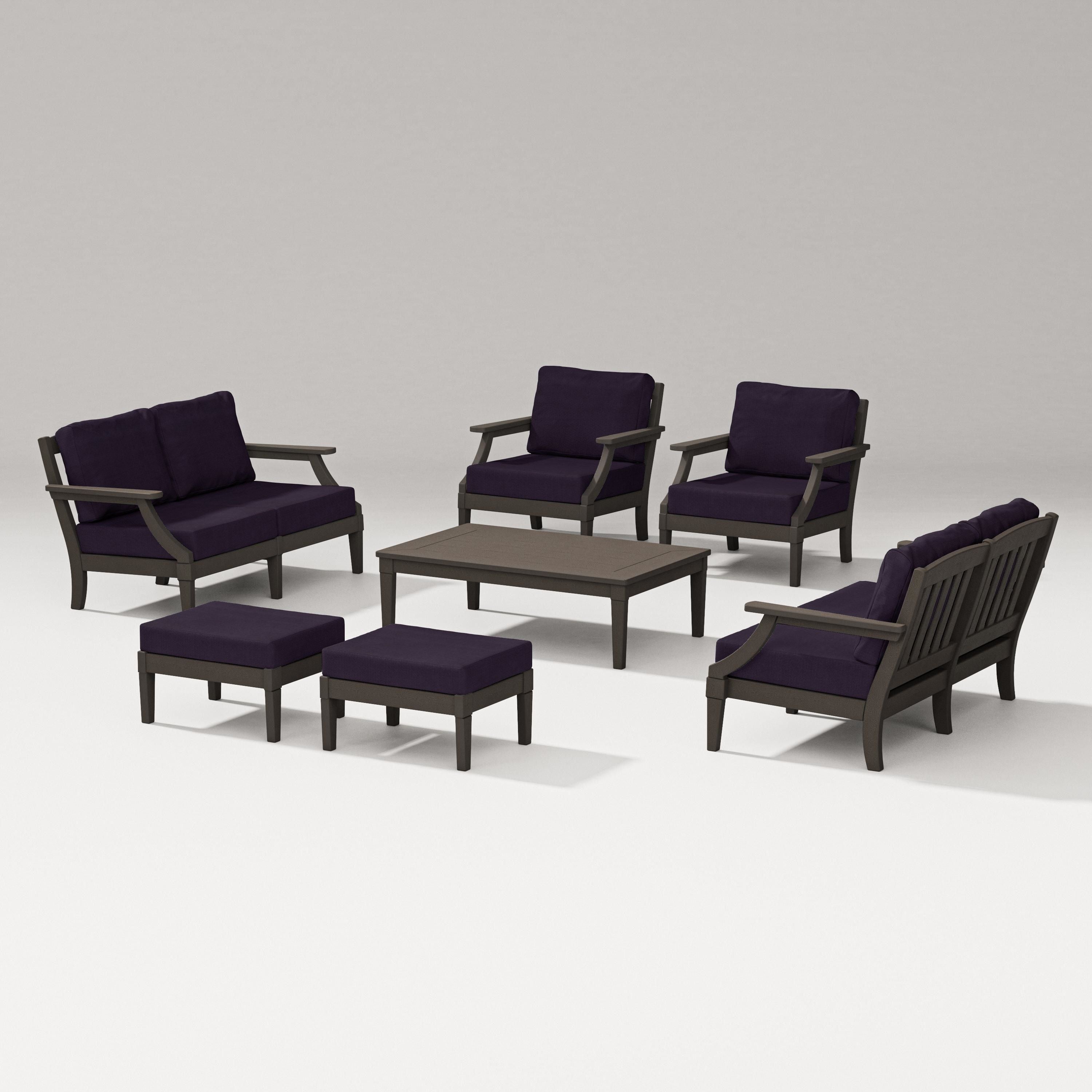 PW Designer Series Estate 7-Piece Lounge Loveseat Set in Vintage Coffee / Navy Linen