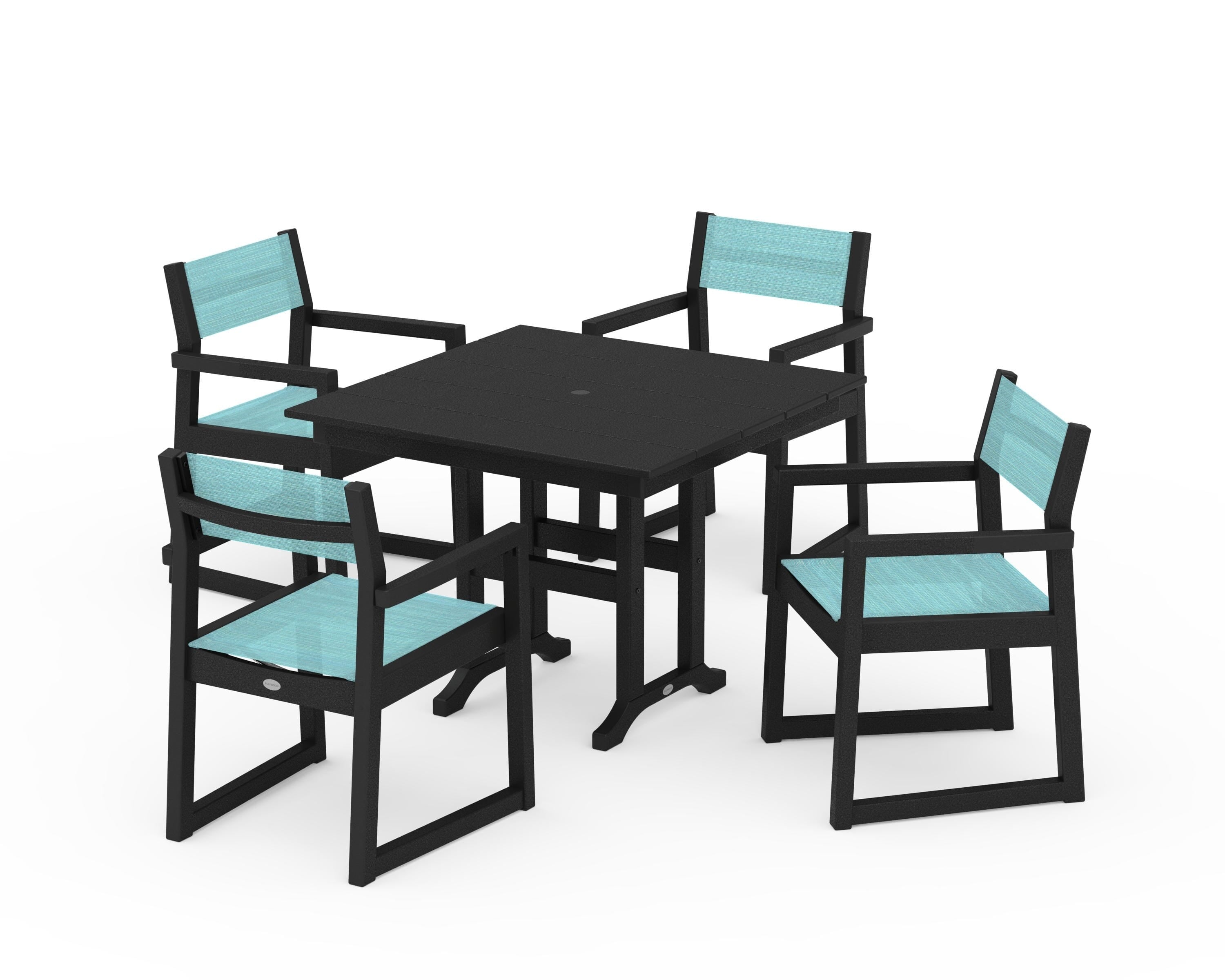 POLYWOOD EDGE Sling Arm Chair 5-Piece Farmhouse Dining Set in Black / Dupioni Aquamarine Sling