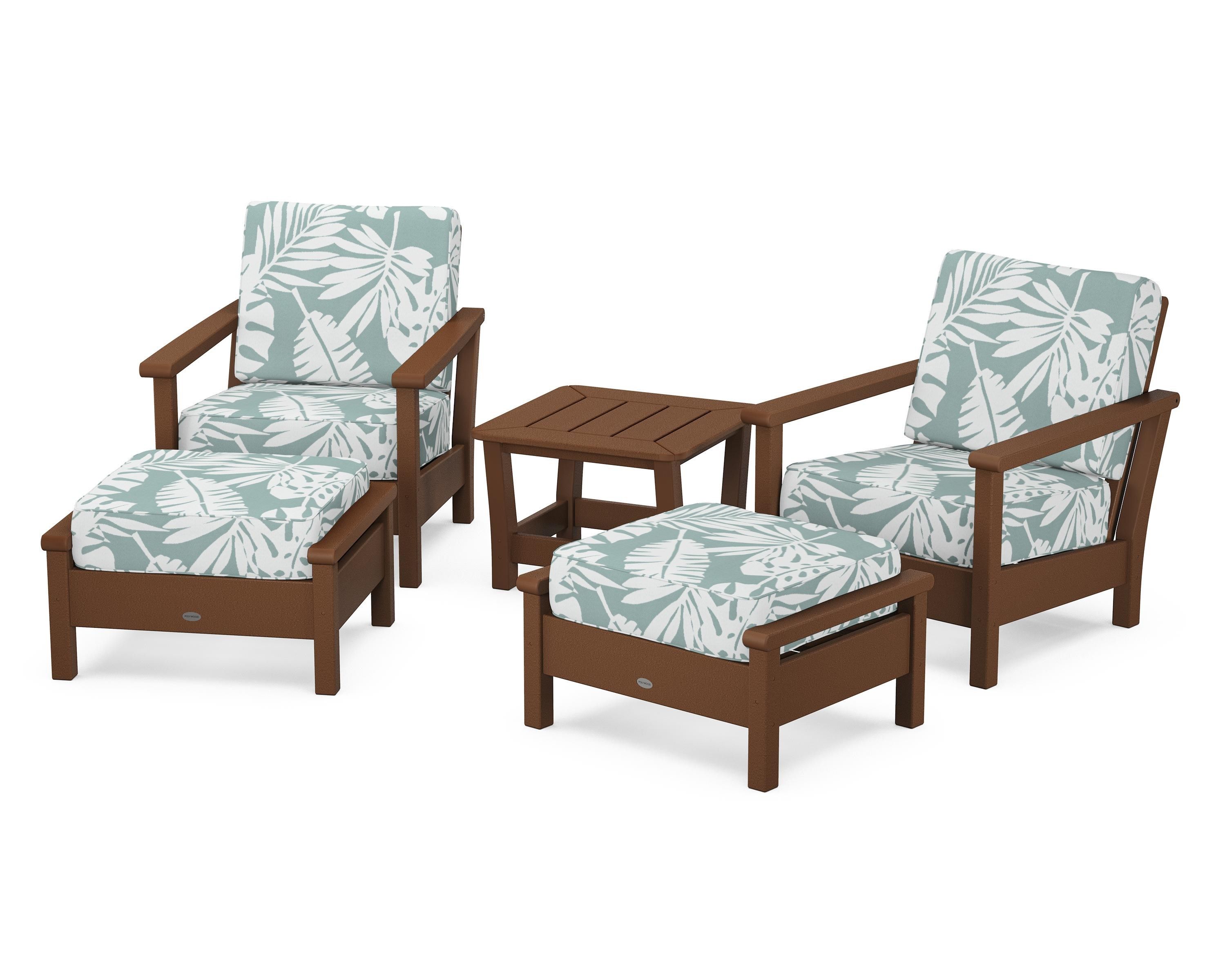 POLYWOOD Harbour 5-Piece Deep Seating Chair Set in Teak / Leaf Glacier Spa