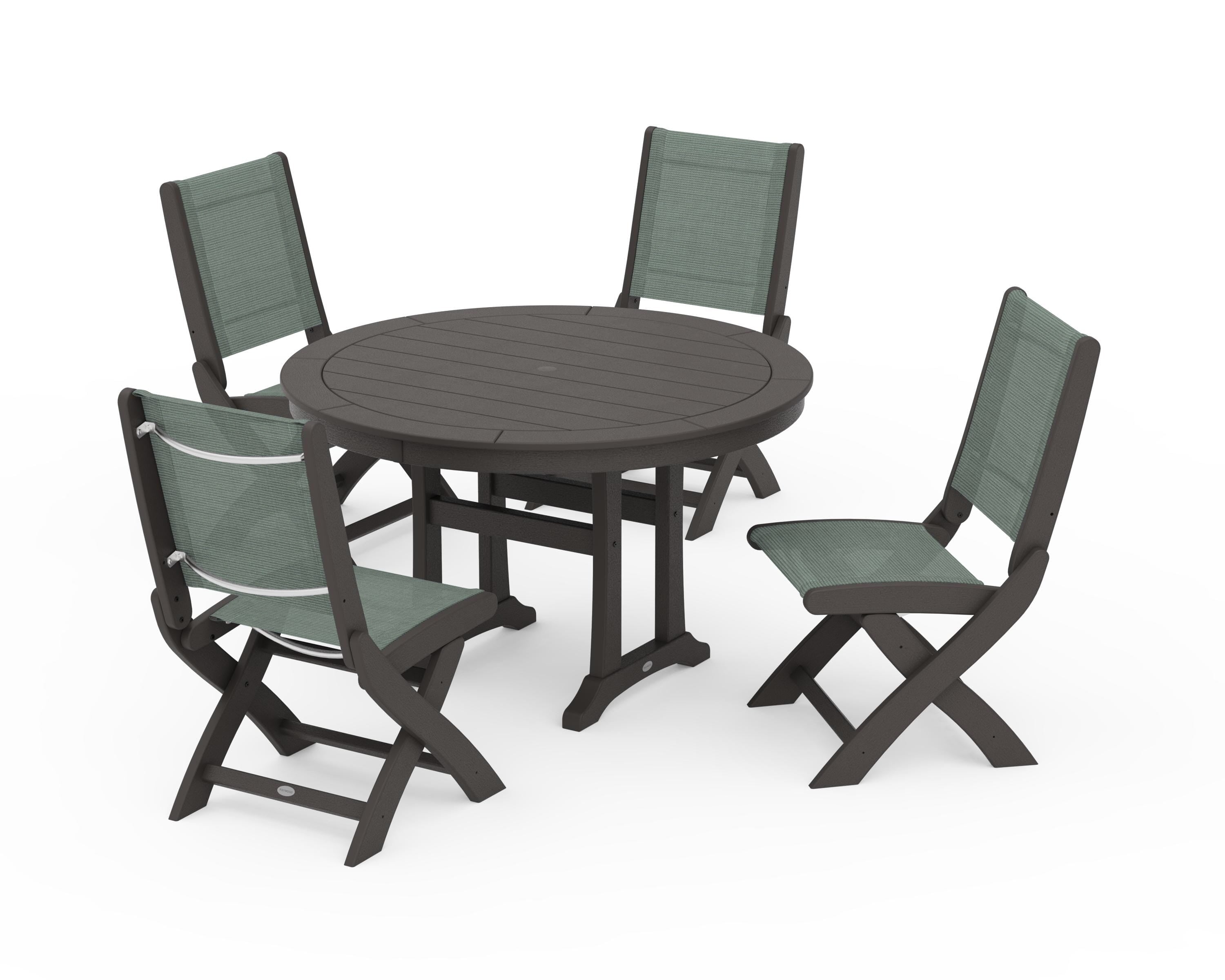 POLYWOOD Coastal Folding Side Chair 5-Piece Round Dining Set With Trestle Legs in Vintage Coffee / Dupioni Sea Mist Sling