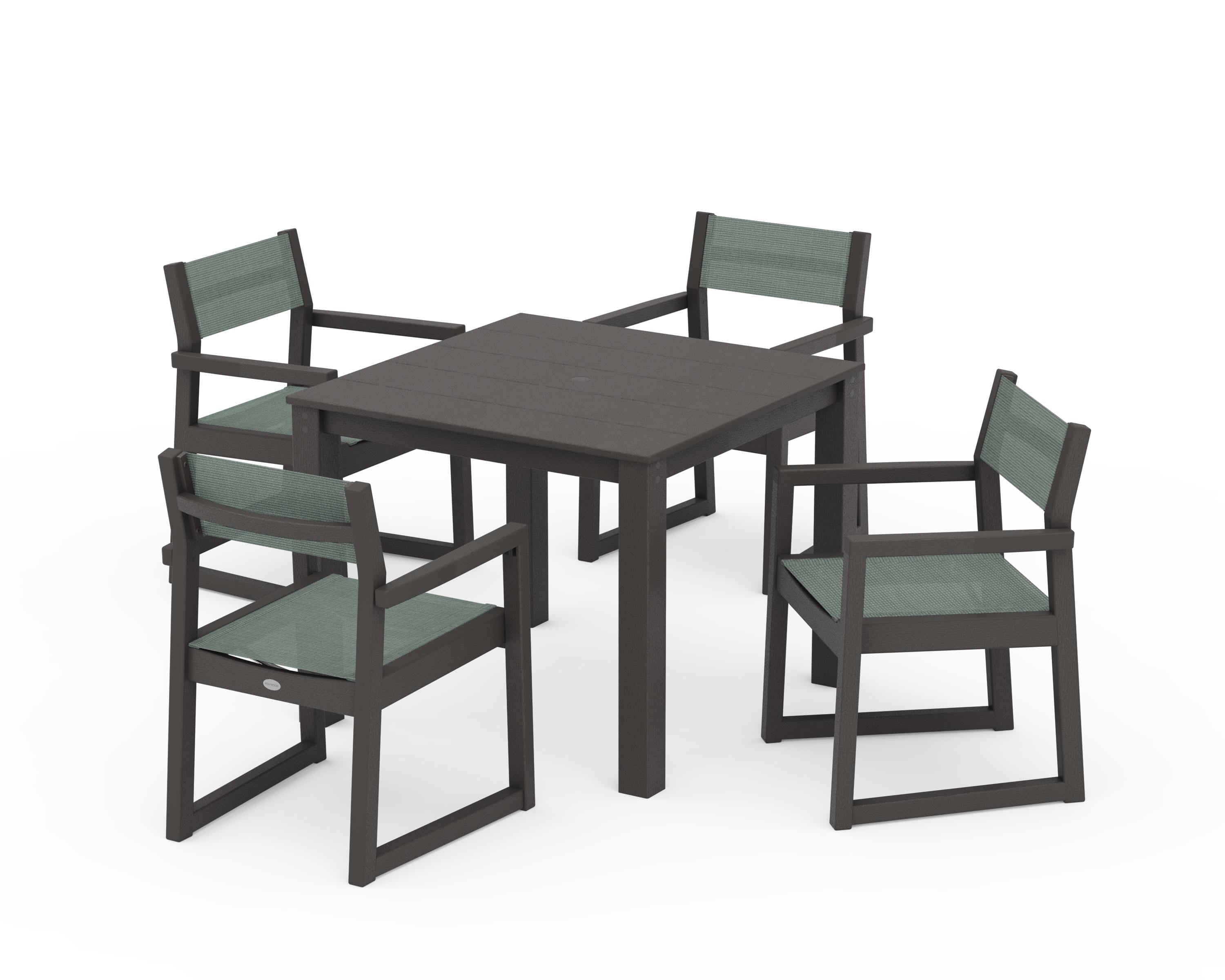 POLYWOOD EDGE Sling Arm Chair 5-Piece Parsons Dining Set in Vintage Coffee / Dupioni Sea Mist Sling
