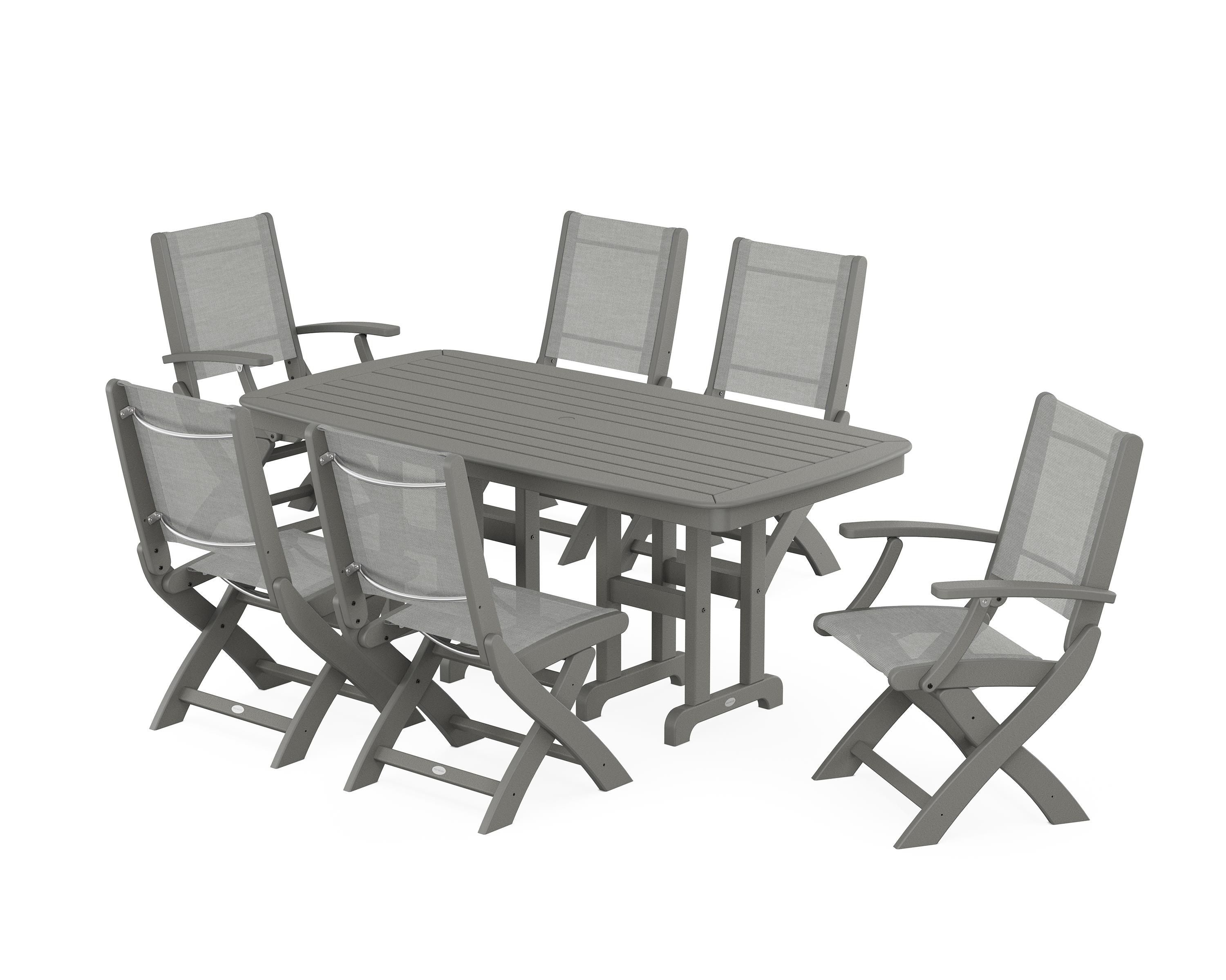 POLYWOOD Coastal Folding Chair 7-Piece Dining Set in Slate Grey / Metallic Sling