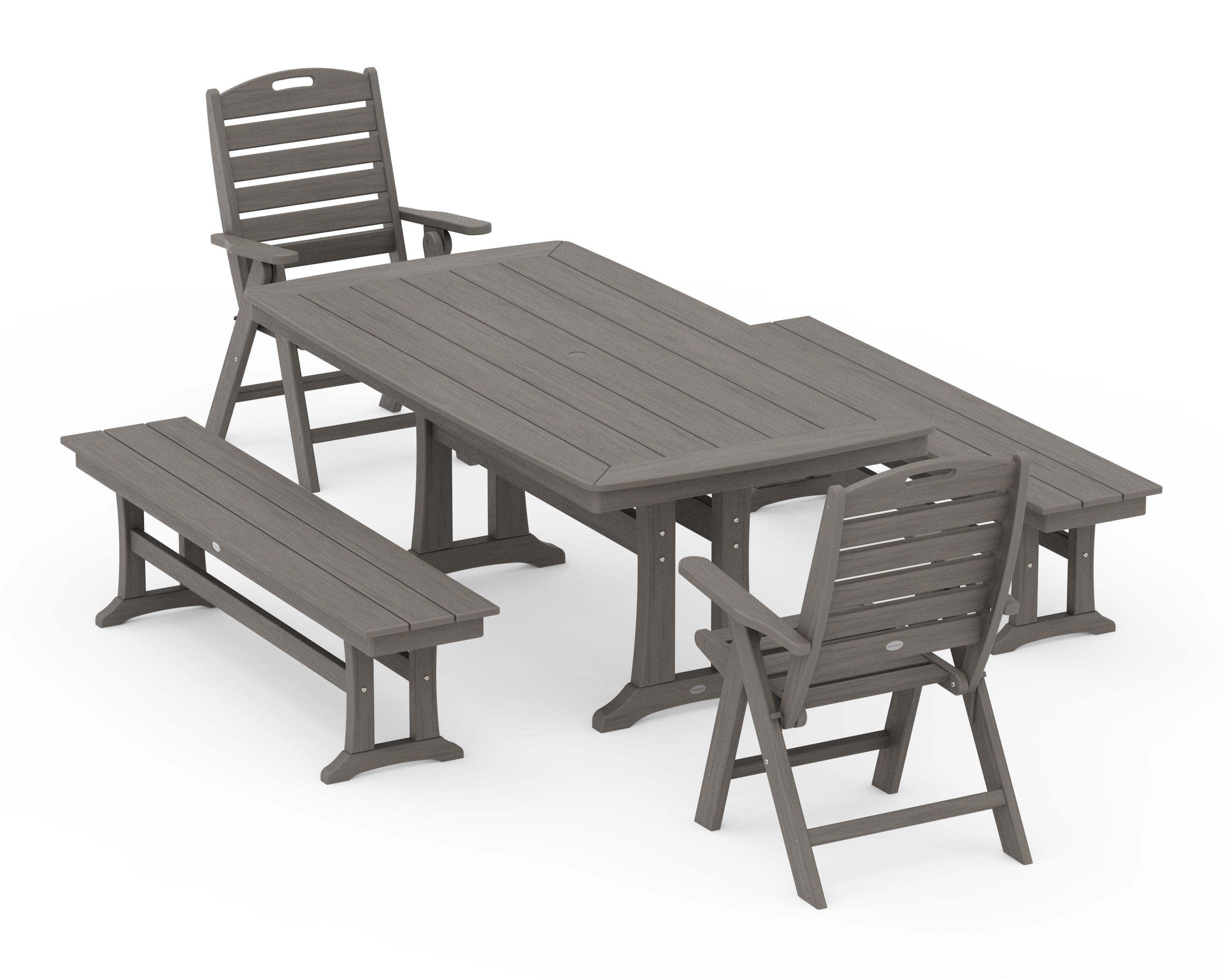 POLYWOOD Nautical Folding Highback Chair 5-Piece Dining Set with Trestle Legs and Benches in Driftwood