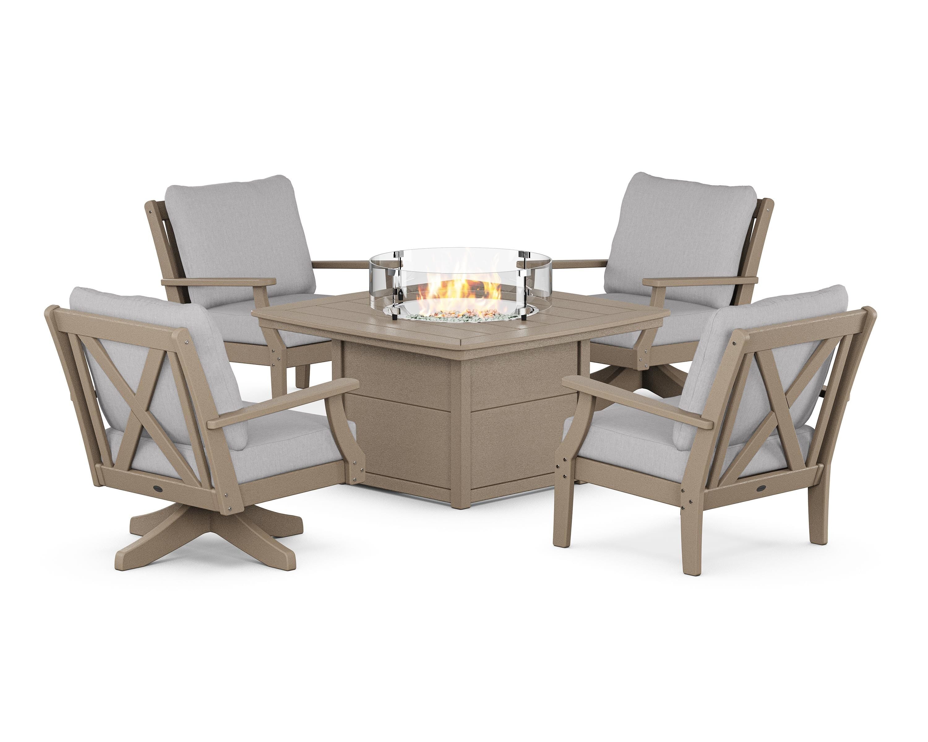 POLYWOOD Braxton 5-Piece Deep Seating Set with Fire Table in Vintage Sahara / Granite