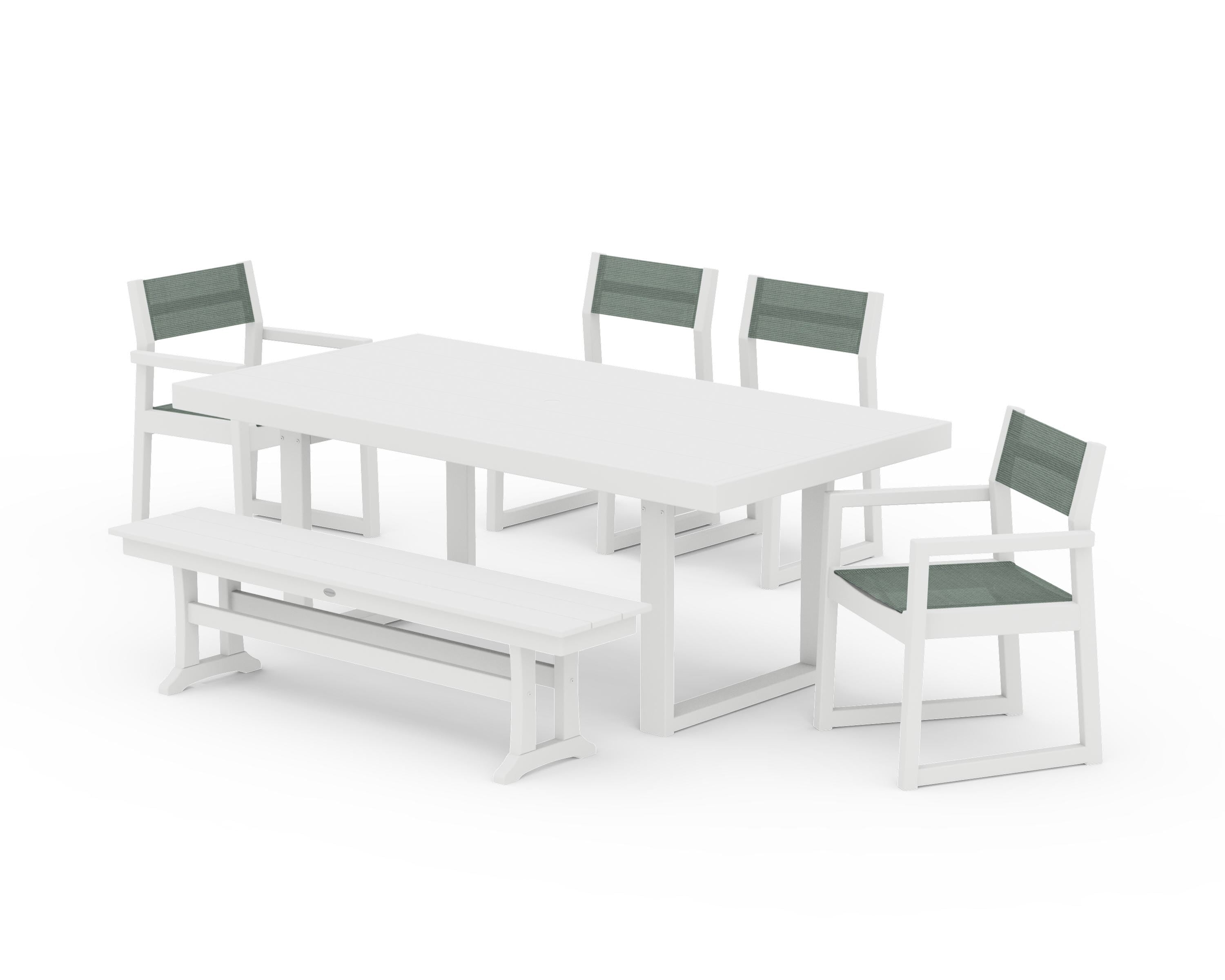 POLYWOOD EDGE Sling 6-Piece Dining Set with Bench in White / Dupioni Sea Mist Sling