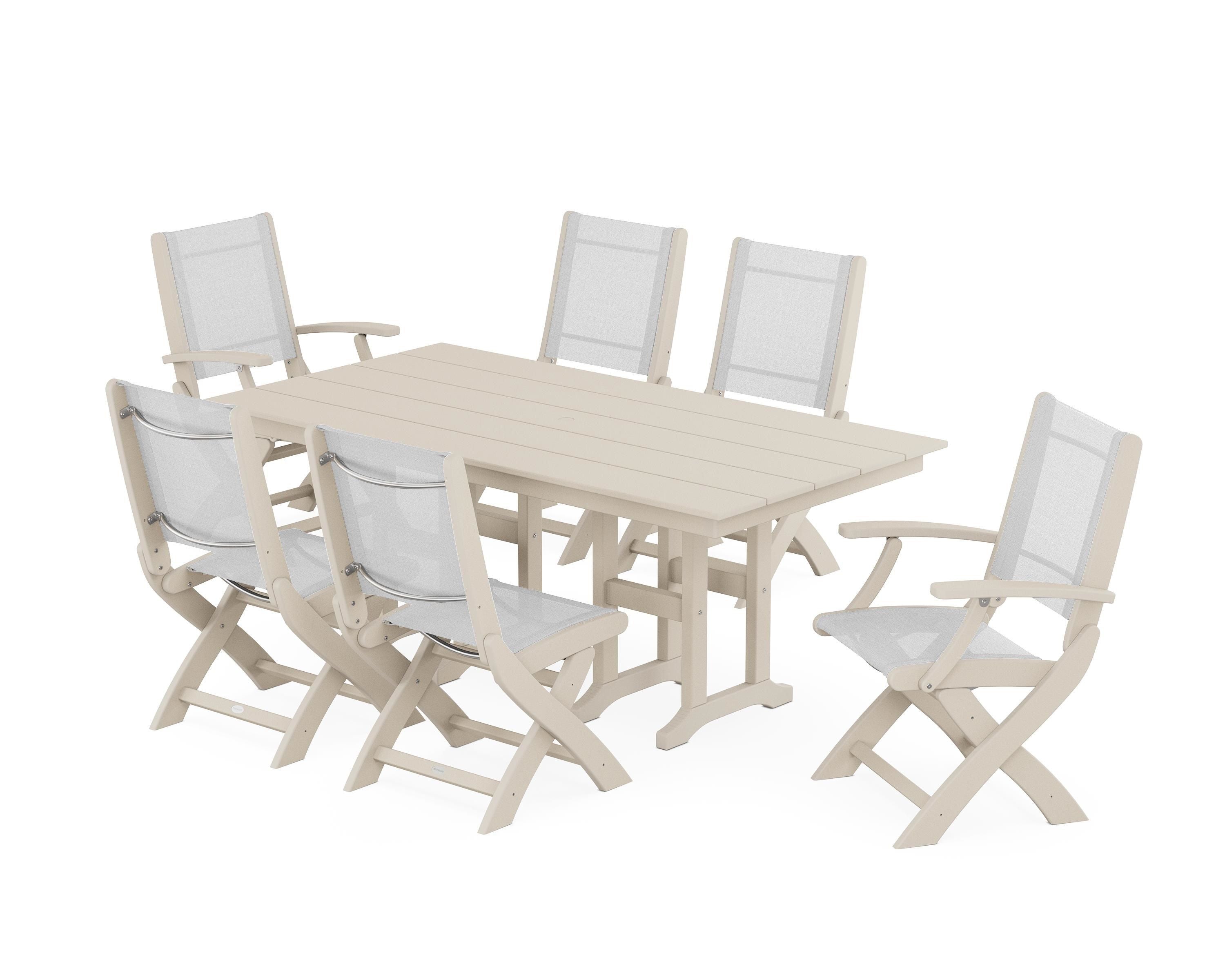 POLYWOOD Coastal Folding Chair 7-Piece Farmhouse Dining Set in Sand / White Sling