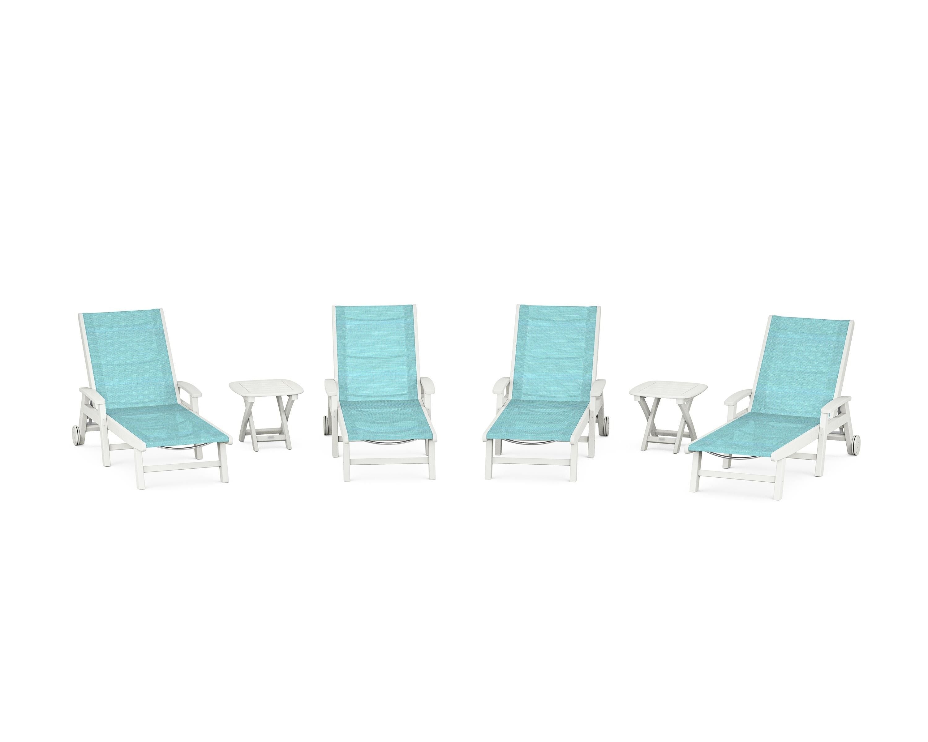 POLYWOOD Coastal Chaise 6-Piece Set with Wheels in Vintage White / Dupioni Aquamarine Sling